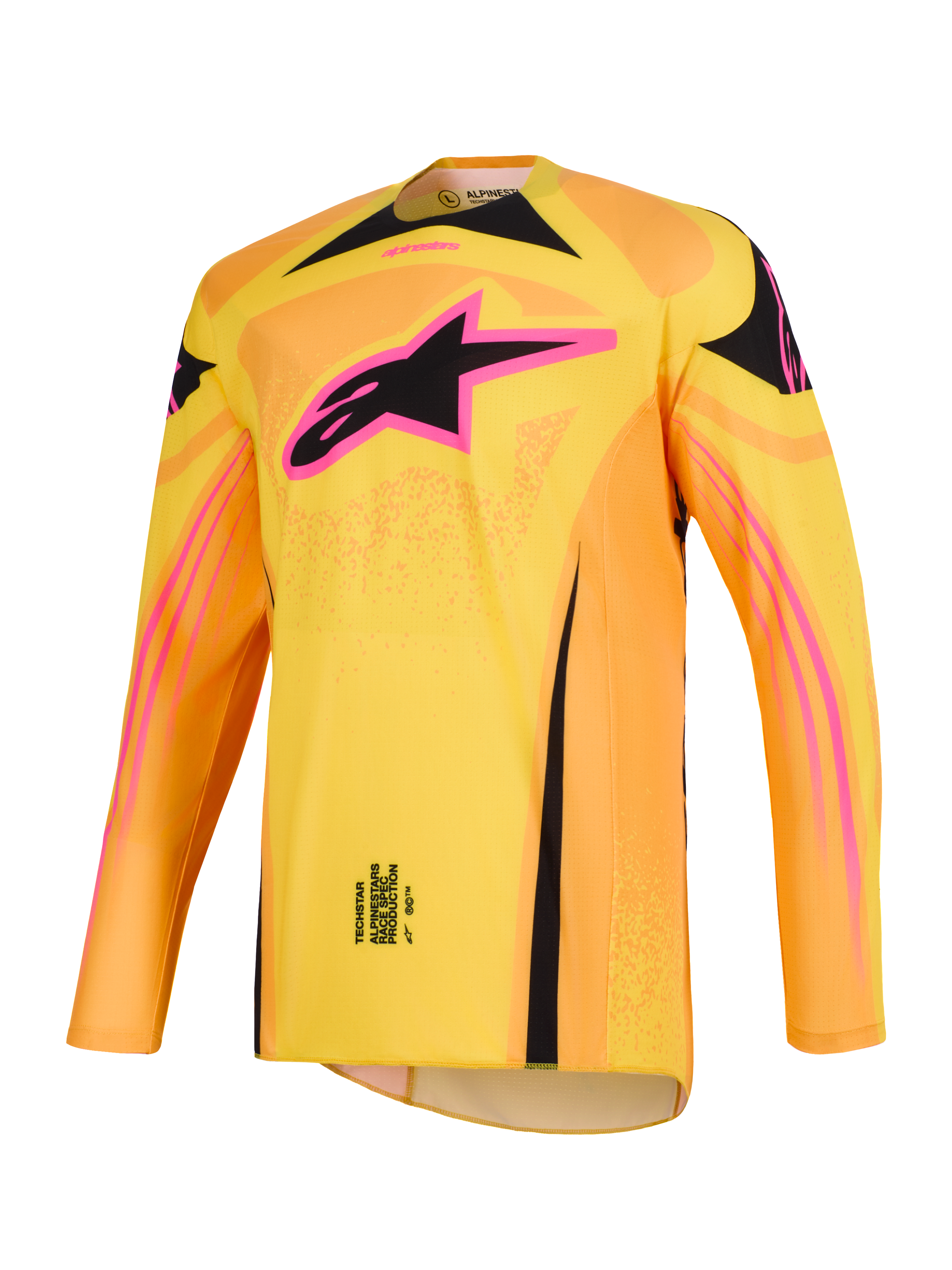 2026 Techstar Nomur-tröja, motocrosströja i orange, gult och rosa, med en framträdande rosa och svart Alpinestars stjärnlogotyp på bröstet, långärmad atletisk racingpassform, högpresterande plagg för terrängtävling