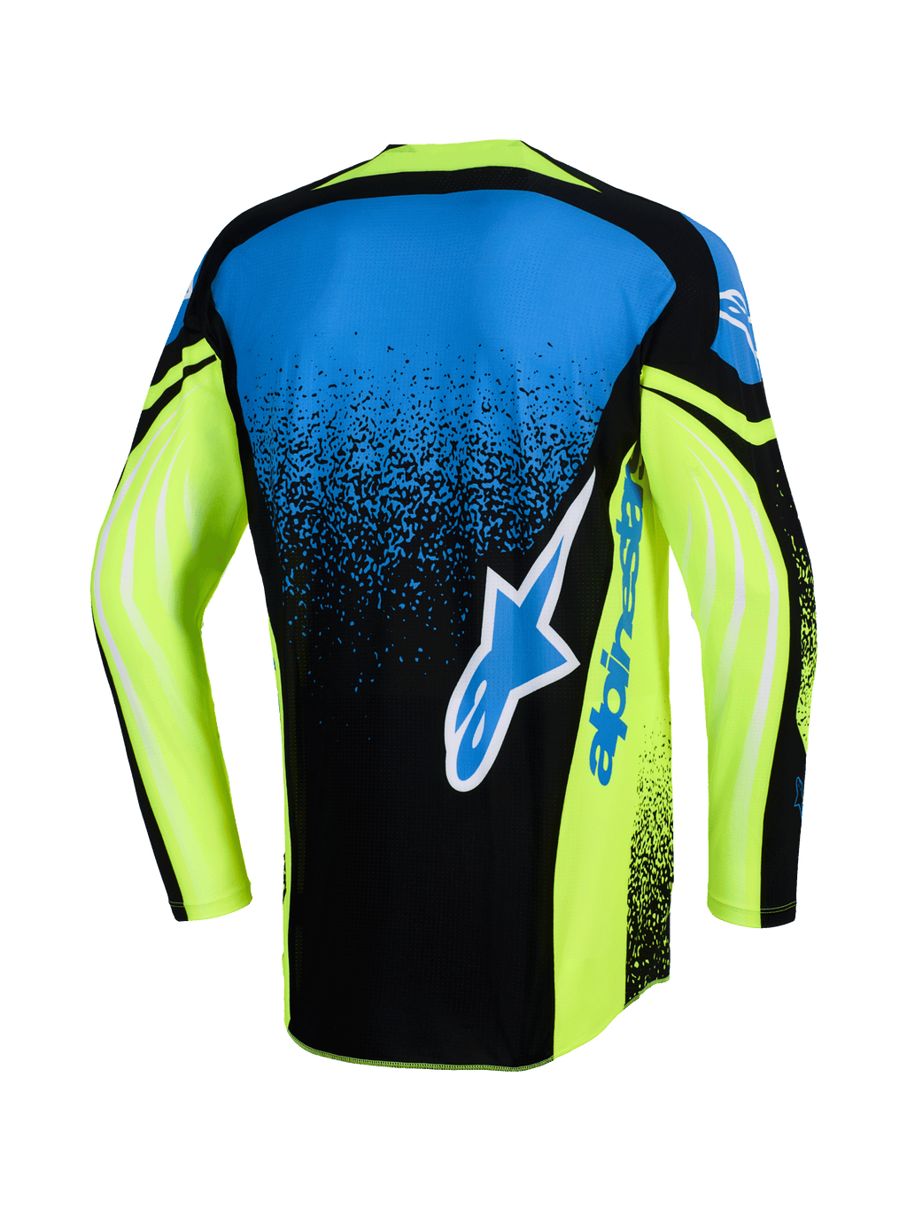Alpinestars 2026 Techstar Nomur tröja, sedd bakifrån, motocrosströja, mörkblå, neongul och blå, med en stor Alpinestars-logotyp på ryggen, neongula ärmar med grafiska accenter och en atletisk racingpassform.