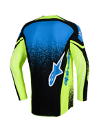 Alpinestars 2026 Techstar Nomur tröja, sedd bakifrån, motocrosströja, mörkblå, neongul och blå, med en stor Alpinestars-logotyp på ryggen, neongula ärmar med grafiska accenter och en atletisk racingpassform.
