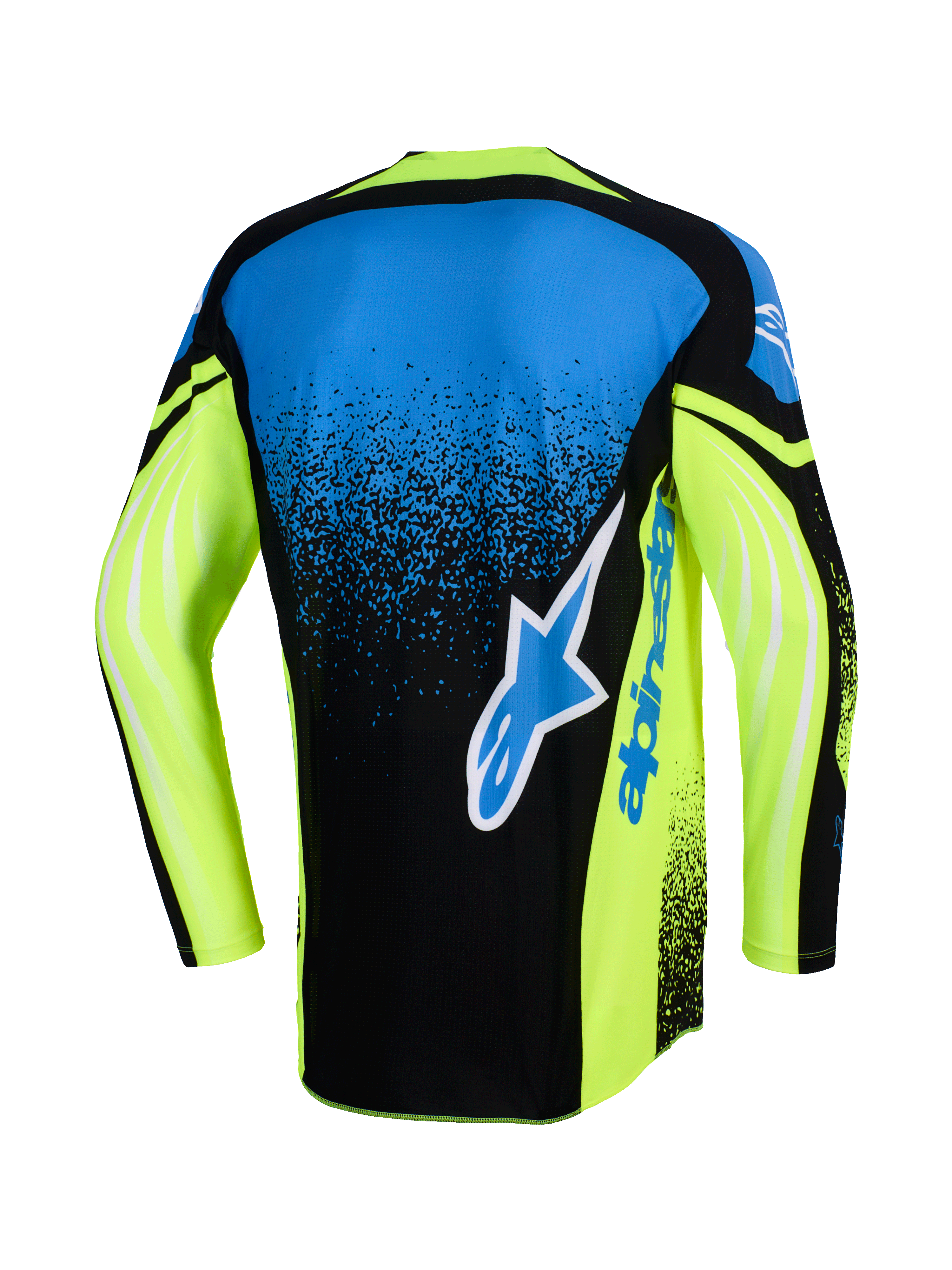 Alpinestars 2026 Techstar Nomur tröja, sedd bakifrån, motocrosströja, mörkblå, neongul och blå, med en stor Alpinestars-logotyp på ryggen, neongula ärmar med grafiska accenter och en atletisk racingpassform.