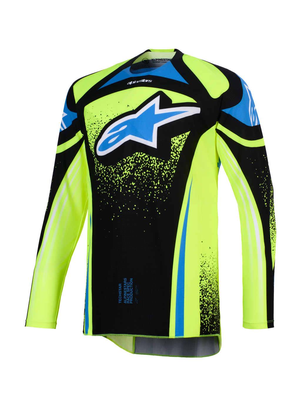 Alpinestars 2026 Techstar Nomur tröja, motocrosströja, neongul och svart med blå detaljer, stor blå och vit Astar-logotyp på bröstet, grafiska stänkdetaljer, långa ärmar, atletisk racingutrustning för terrängkörning