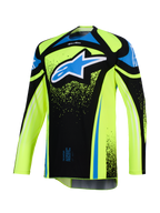 Alpinestars 2026 Techstar Nomur tröja, motocrosströja, neongul och svart med blå detaljer, stor blå och vit Astar-logotyp på bröstet, grafiska stänkdetaljer, långa ärmar, atletisk racingutrustning för terrängkörning