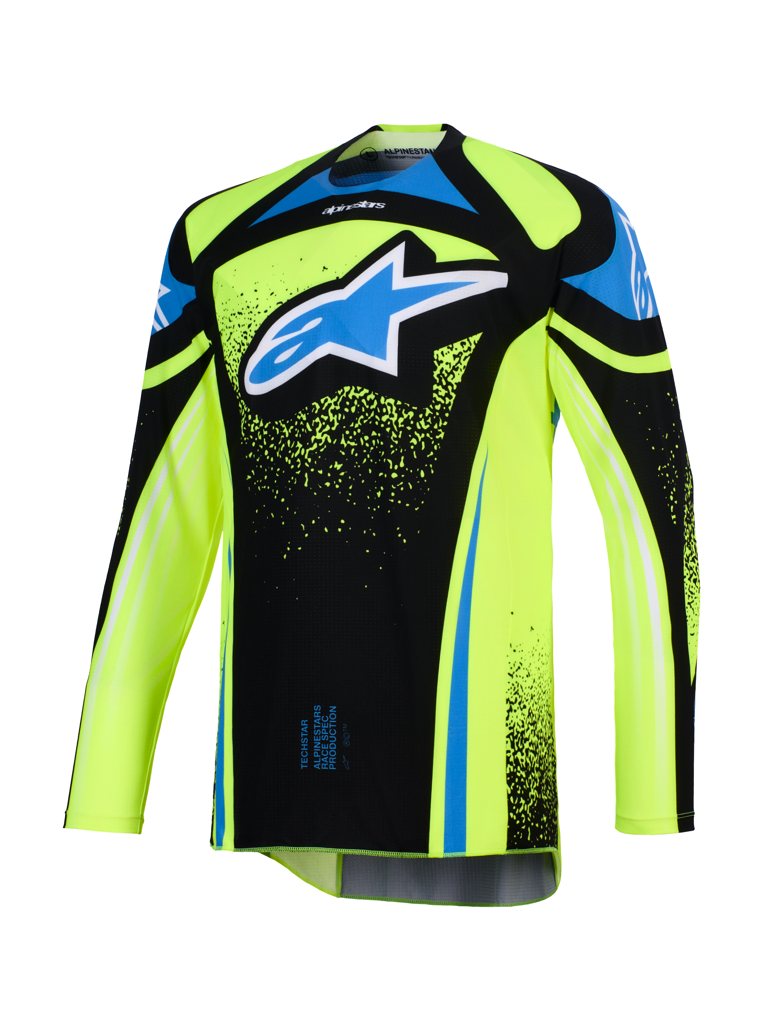 Alpinestars 2026 Techstar Nomur tröja, motocrosströja, neongul och svart med blå detaljer, stor blå och vit Astar-logotyp på bröstet, grafiska stänkdetaljer, långa ärmar, atletisk racingutrustning för terrängkörning