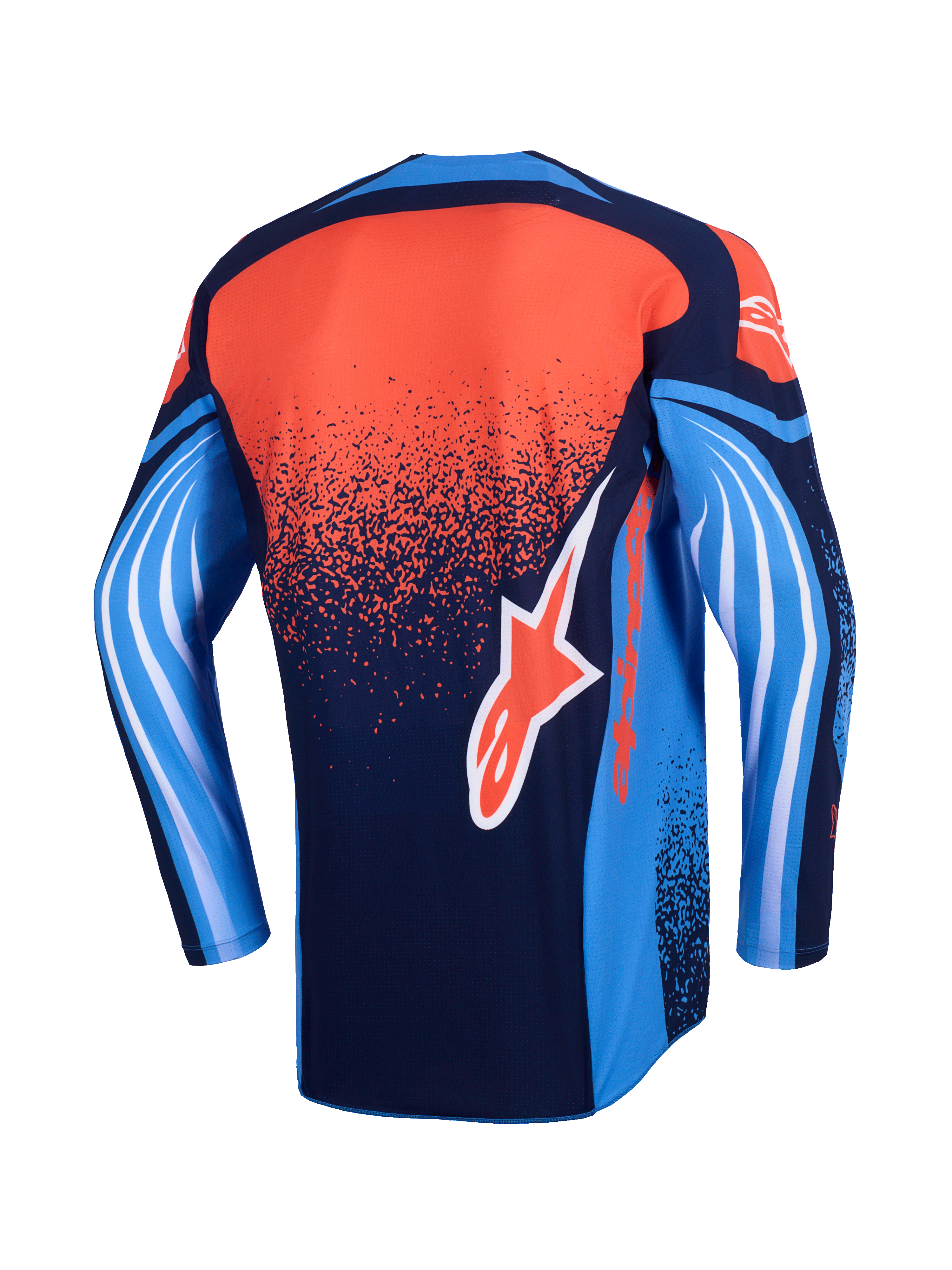 Alpinestars 2026 Techstar Nomur-tröja, motocrosströja, vy bakifrån, mörkblå, orange och UCLA-blå, med en prickig orange gradient på ryggen, blå ärmar med vit vågliknande grafik och en orange Alpinestars-logotyp på nedre delen av ryggen.
