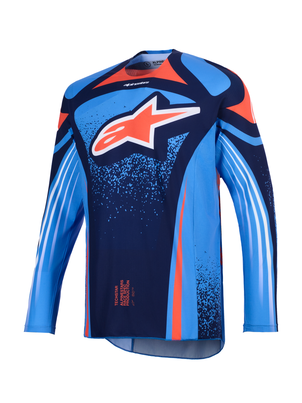Alpinestars 2026 Techstar Nomur-tröja, motocrosströja, mörkblå och UCLA-blå med orangea detaljer, med en stor vit Astars-logotyp på bröstet och vita diagonala ränder på de långa ärmarna, lättviktig atletisk tävlingspassform för terrängkörning