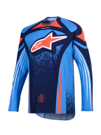 Alpinestars 2026 Techstar Nomur-tröja, motocrosströja, mörkblå och UCLA-blå med orangea detaljer, med en stor vit Astars-logotyp på bröstet och vita diagonala ränder på de långa ärmarna, lättviktig atletisk tävlingspassform för terrängkörning