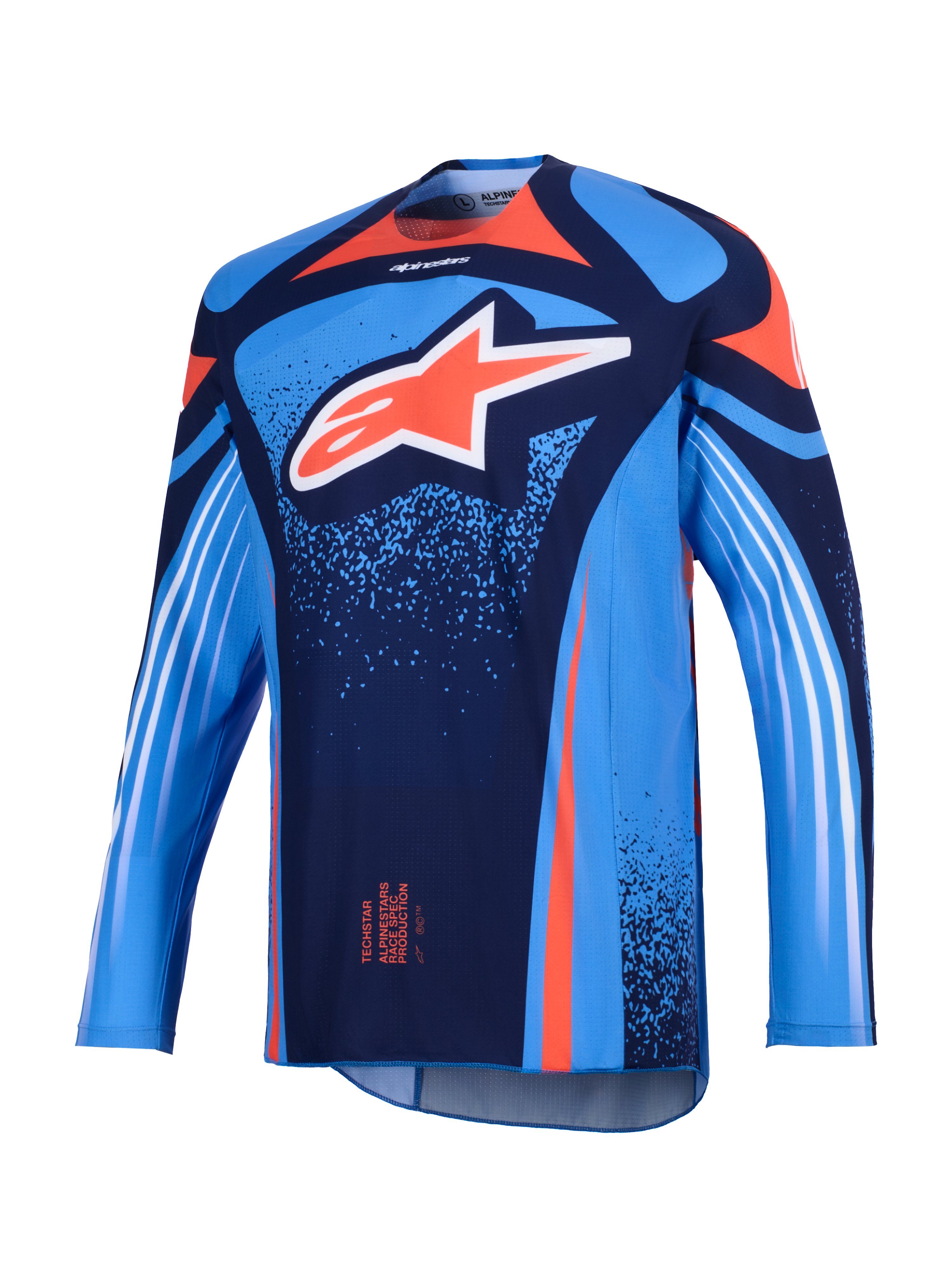 Alpinestars 2026 Techstar Nomur-tröja, motocrosströja, mörkblå och UCLA-blå med orangea detaljer, med en stor vit Astars-logotyp på bröstet och vita diagonala ränder på de långa ärmarna, lättviktig atletisk tävlingspassform för terrängkörning