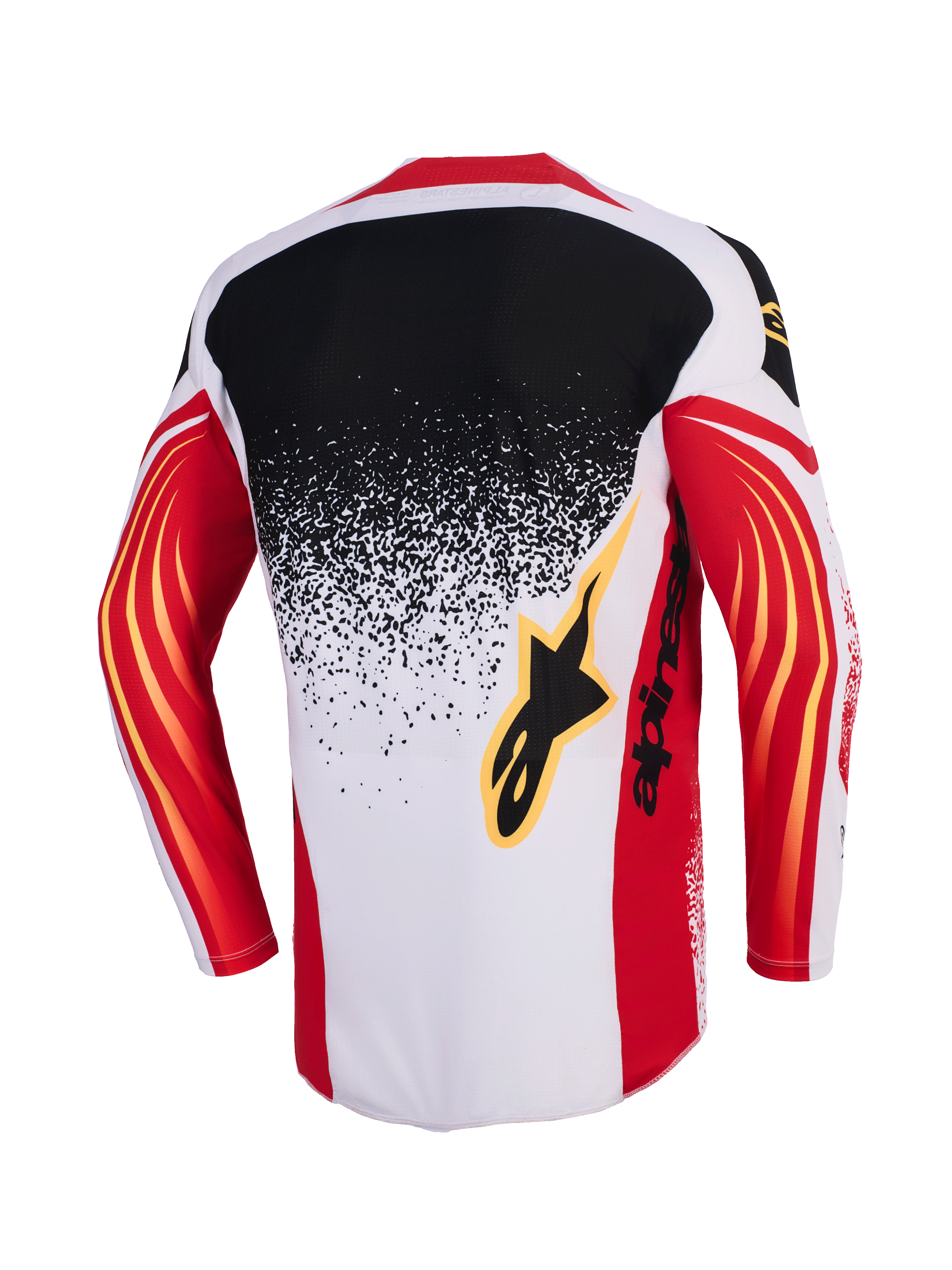 Alpinestars 2026 Techstar Nomur tröja, motocrosströja, ljusgrå, röd och svart, baksida med en svart till ljusgrå tonad splatter-design, röda ärmar med gula böjda detaljer och svart Alpinestars-logotyp på ryggen.