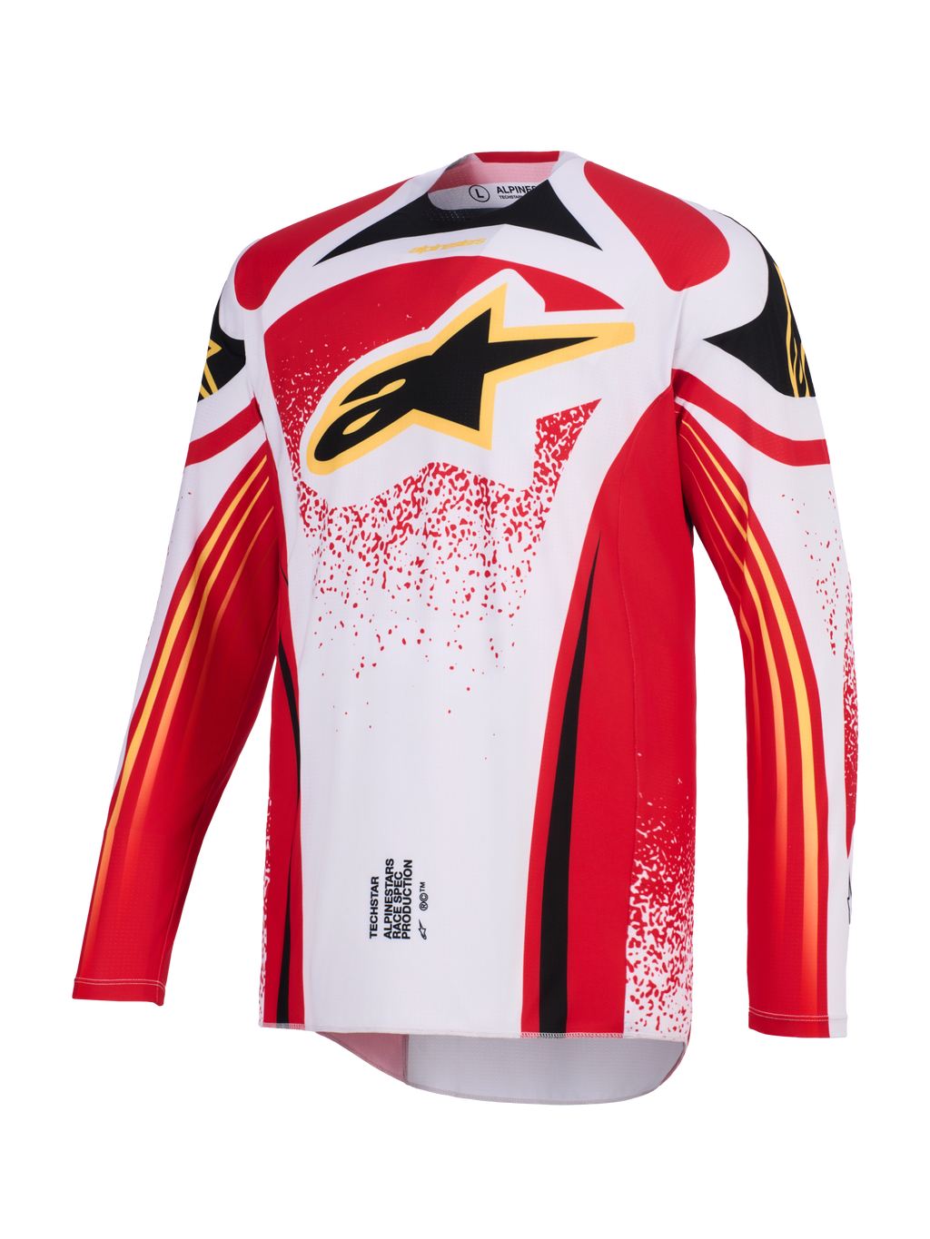 Alpinestars 2026 Techstar Nomur-tröja, motocross-tröja, vit, röd och svart, med en stor svart Astar-logotyp med gul kontur på bröstet, atletisk racingpassform med långa ärmar och prestandagrafik för terrängkörning