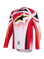 Alpinestars 2026 Techstar Nomur-tröja, motocross-tröja, vit, röd och svart, med en stor svart Astar-logotyp med gul kontur på bröstet, atletisk racingpassform med långa ärmar och prestandagrafik för terrängkörning