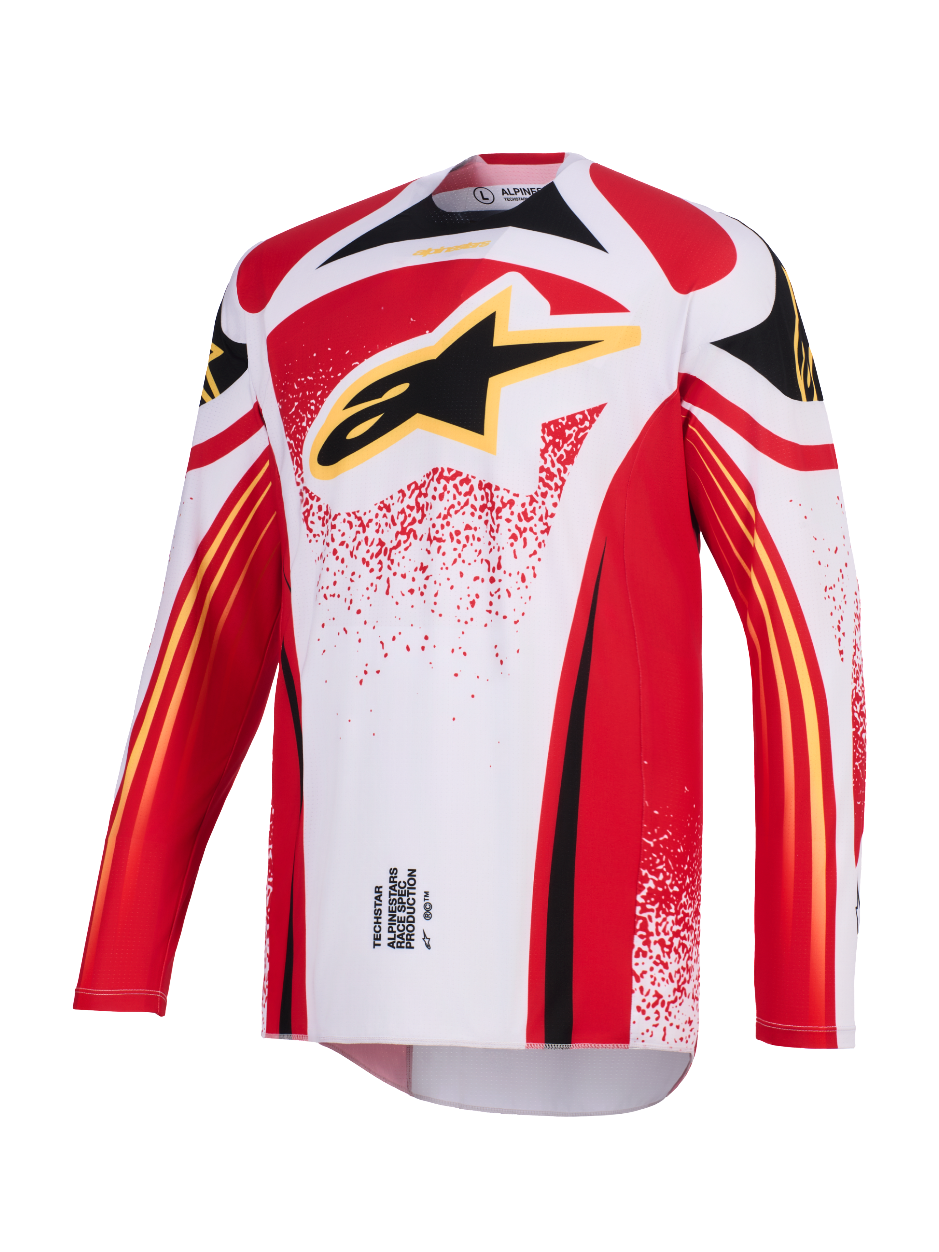 Alpinestars 2026 Techstar Nomur-tröja, motocross-tröja, vit, röd och svart, med en stor svart Astar-logotyp med gul kontur på bröstet, atletisk racingpassform med långa ärmar och prestandagrafik för terrängkörning