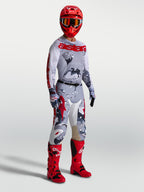Alpinestars Racer Air Lone Jersey, Men's Motocross Gear, Gray Camo and Fire Red, breathable mesh construction.