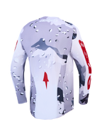 Alpinestars 2027 Racer Air Lone Jersey, Motocross Gear, Back View, Gray and White Camo with Red Accents, Ventilated Mesh.
