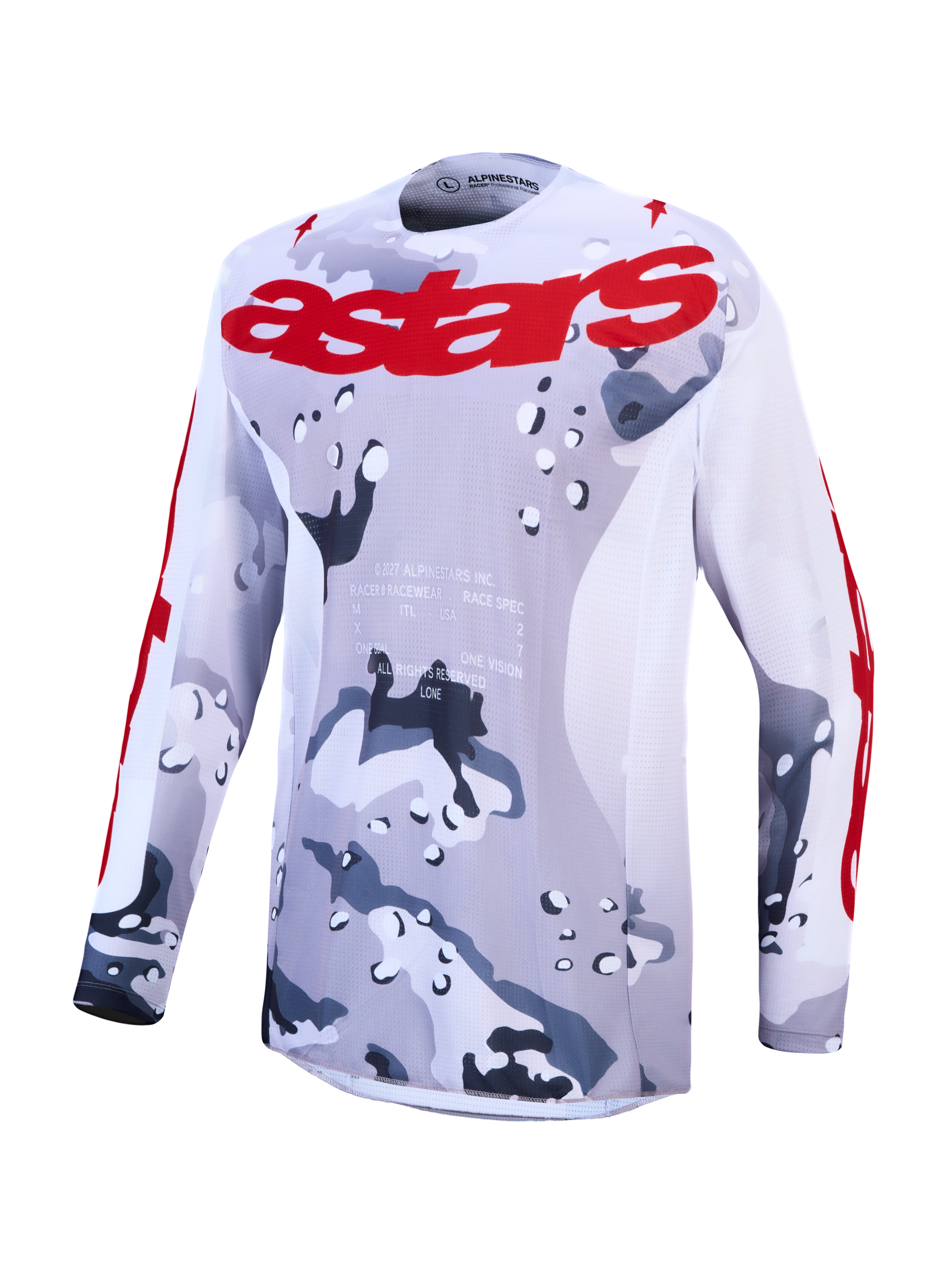 Alpinestars 2027 Racer Air Lone Motocross Jersey, gray camo and red design with ventilated mesh for off-road performance.