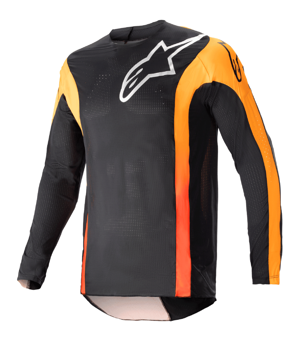 Alpinestars 2023 Techstar Sein Jersey, Motocross Long-Sleeve Jersey, Black with Hot Orange accents, White Alpinestars logo on chest, lightweight breathable mesh fabric, athletic race fit