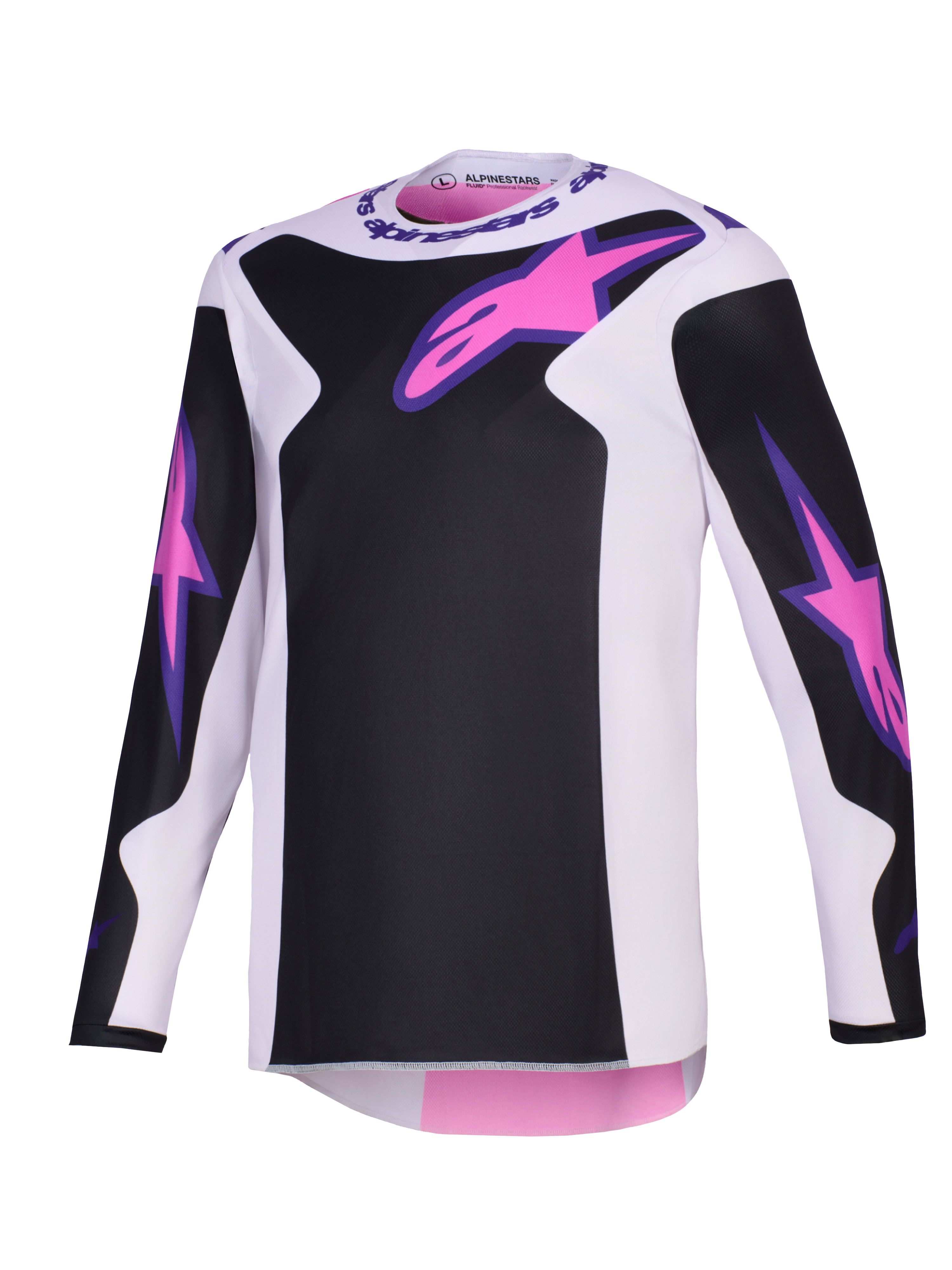 Alpinestars 2026 Fluid Grid Jersey, Motocross Jersey, Black, Light Gray, and Purple, featuring pink Astars logos on the chest and sleeves, black panels on a light gray base, long-sleeved athletic fit for off-road riding.