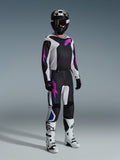 Alpinestars 2026 Fluid Grid Gear Set, motocross rider wearing black and white jersey and pants with pink and blue accents, black helmet, black gloves, and white boots, complete racing ensemble on a gray background