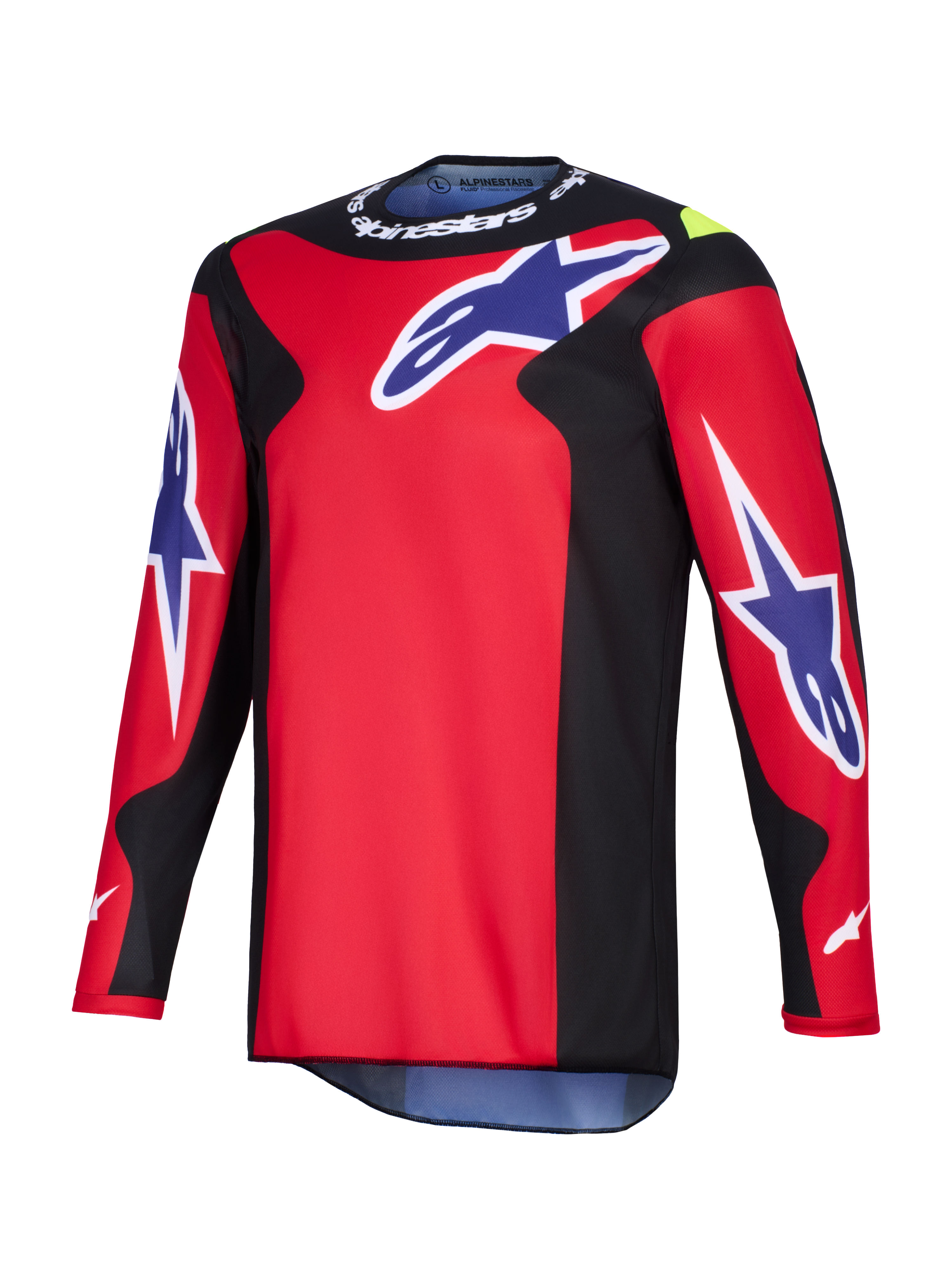 Alpinestars 2026 Fluid Grid Jersey, Motocross Jersey, Red Black and Purple, featuring large purple Astars logos on the chest and sleeves, black side panels, and white Alpinestars branding on the collar, performance polyfabric construction.