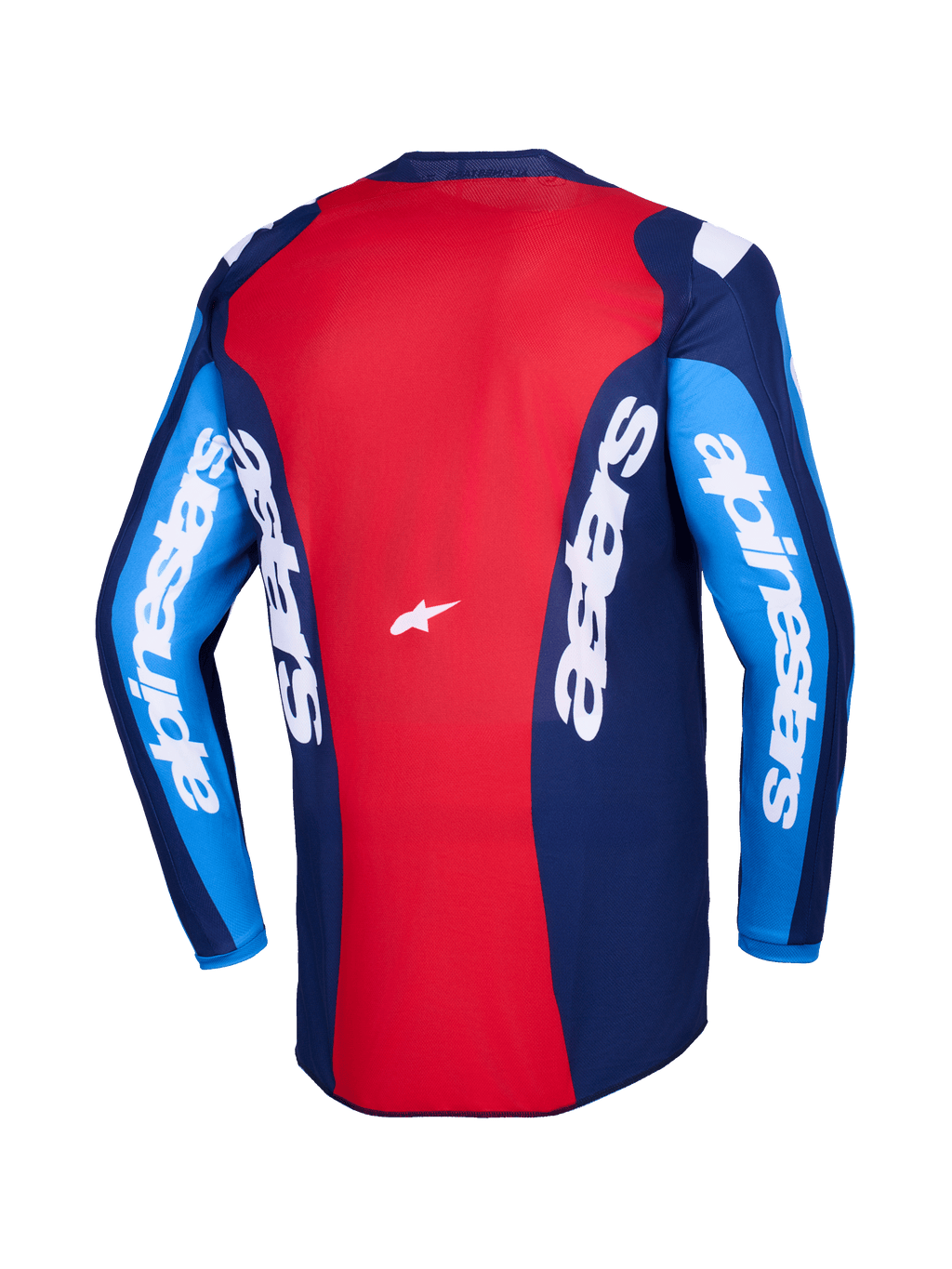 Alpinestars 2026 Fluid Grid-tröja, vy bakifrån, röd och blå motocrosströja, med tydlig vit Alpinestars-logotyp på ärmar och rygg, lättviktig polytygskonstruktion för terrängkörning