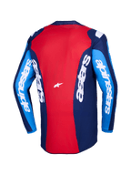 Alpinestars 2026 Fluid Grid-tröja, vy bakifrån, röd och blå motocrosströja, med tydlig vit Alpinestars-logotyp på ärmar och rygg, lättviktig polytygskonstruktion för terrängkörning