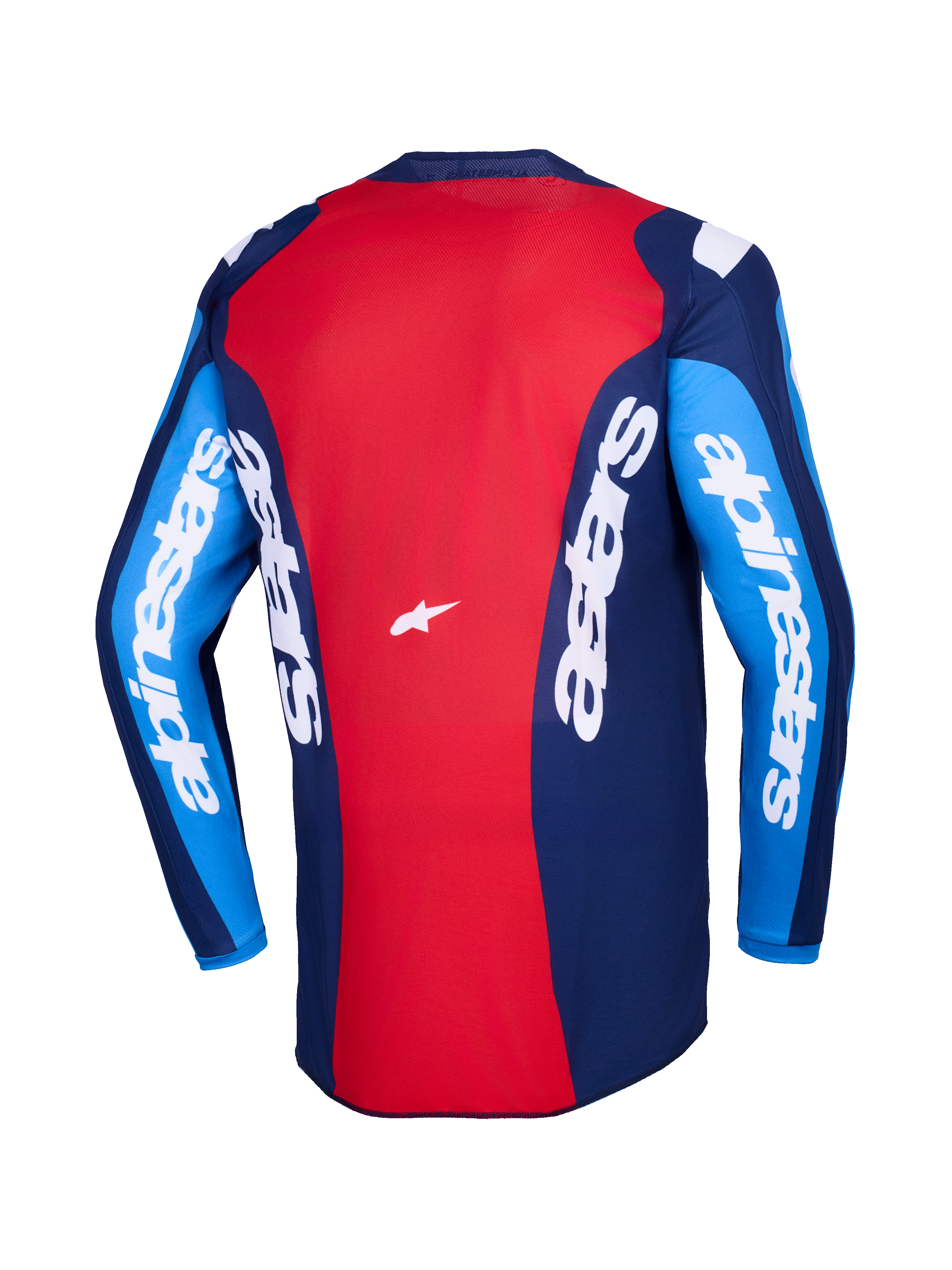 Alpinestars 2026 Fluid Grid-tröja, vy bakifrån, röd och blå motocrosströja, med tydlig vit Alpinestars-logotyp på ärmar och rygg, lättviktig polytygskonstruktion för terrängkörning
