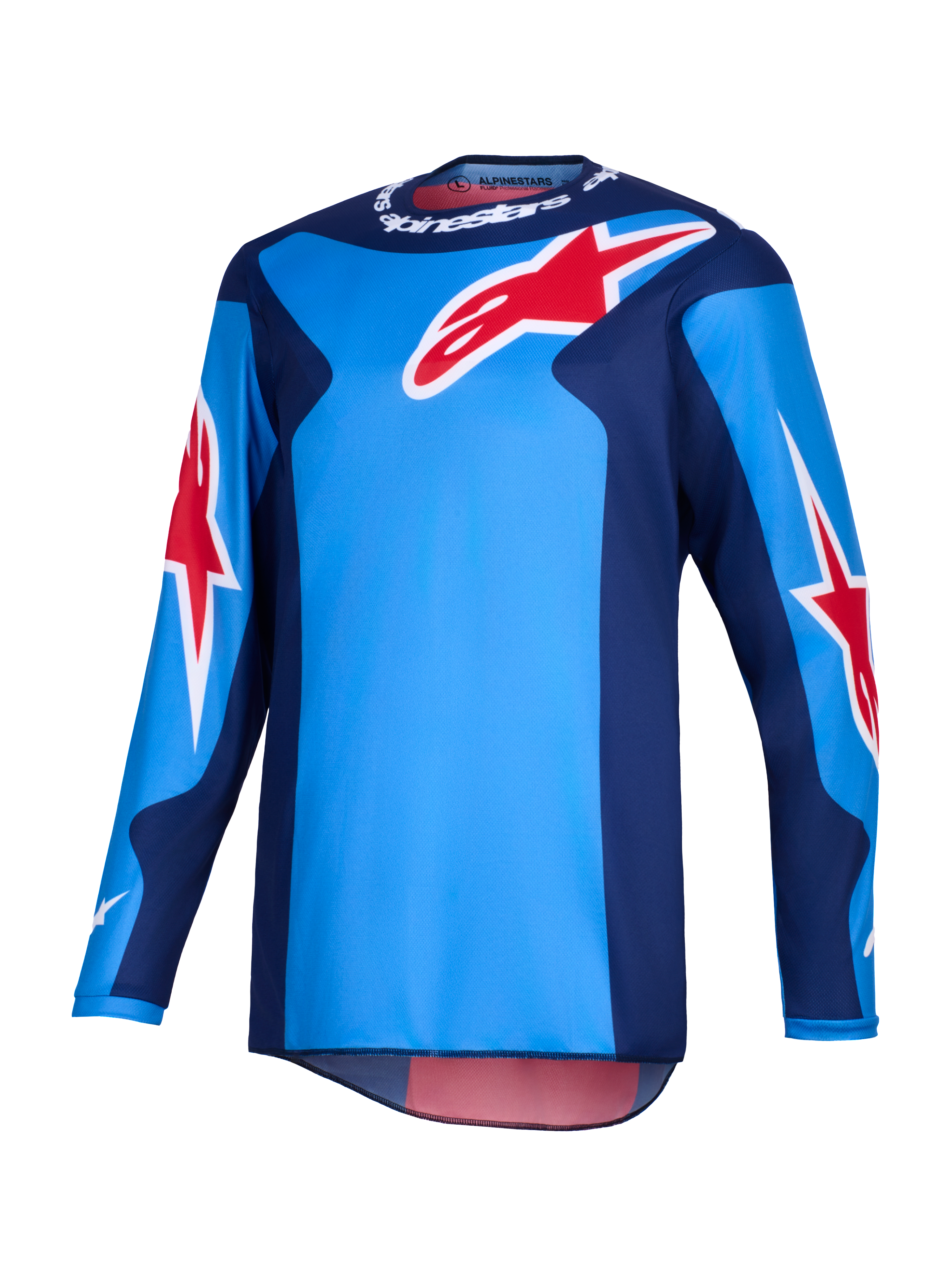 Alpinestars 2026 Fluid Grid tröja, motocrosströja, blå och röd, med stora röda Alpinestars-stjärnlogotyper, mörkblå sidopaneler och lättviktig polytygskonstruktion med förlängt ryggparti för terrängkörning.
