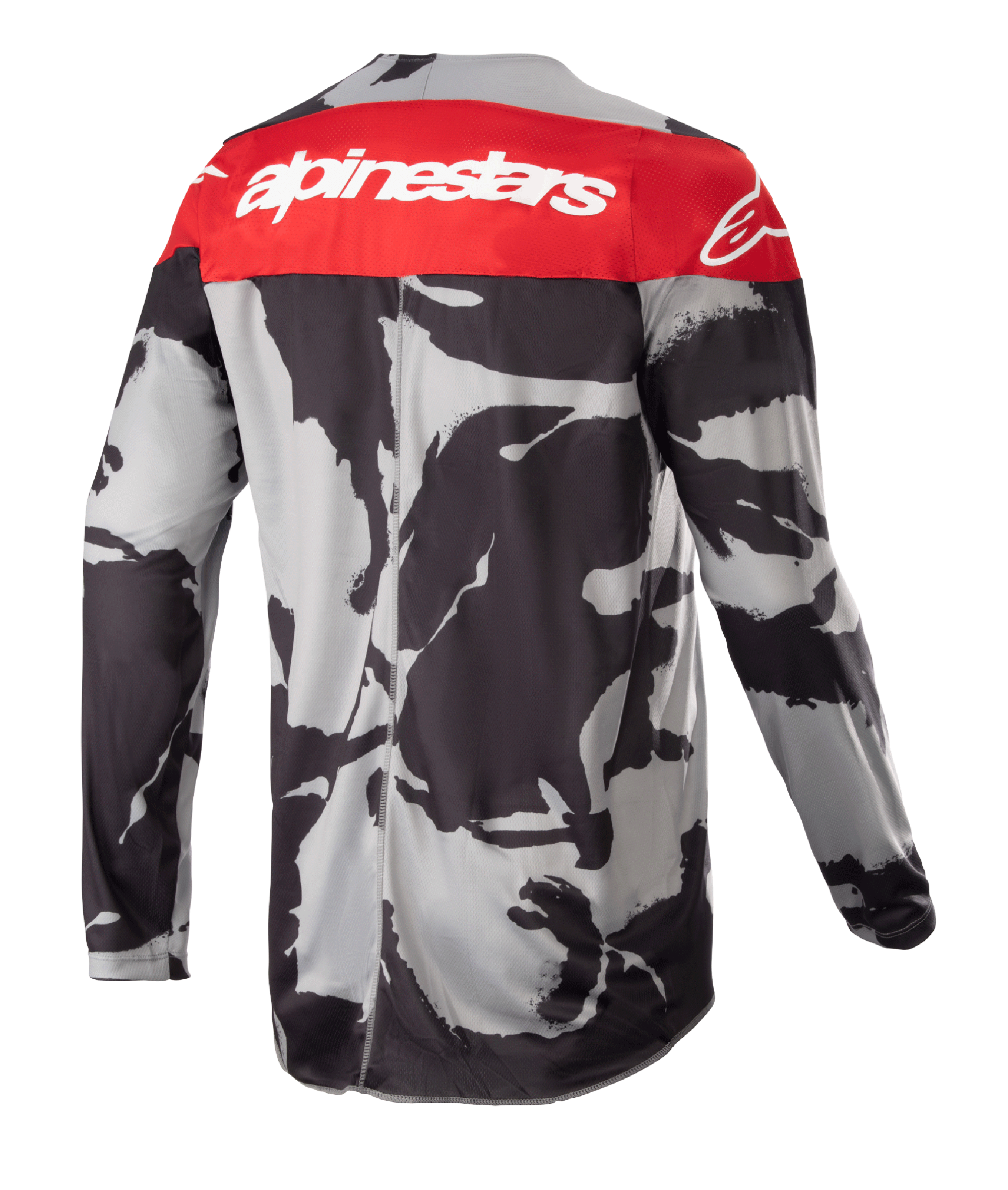 Alpinestars 2023 Racer Tactical-tröja, motocross-tröja, Cast Gray Camo och Mars Red, baksida med en röd övre panel med vit Alpinestars-logotyp och ett grå-svart kamouflagemönster, lätt prestandautrustning för terrängkörning
