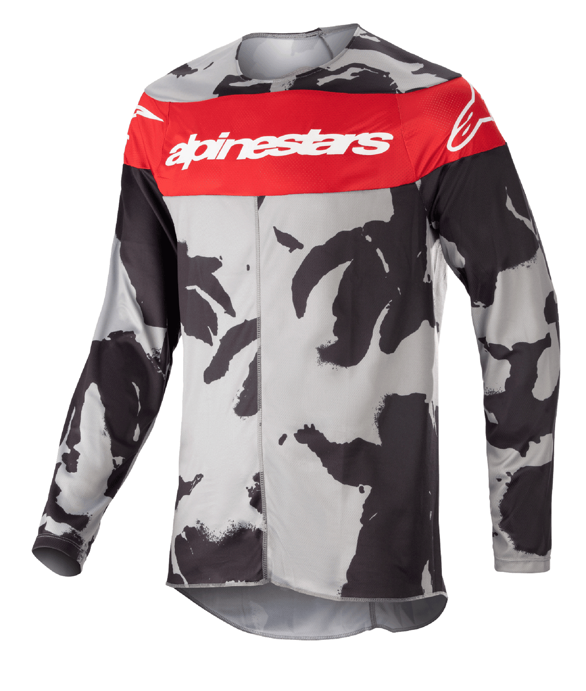 Alpinestars 2023 Racer Tactical Jersey, Motocross Jersey, Cast Gray Camo and Mars Red, prominent red chest stripe with white Alpinestars branding, black and gray camouflage pattern, long-sleeve technical apparel for off-road racing