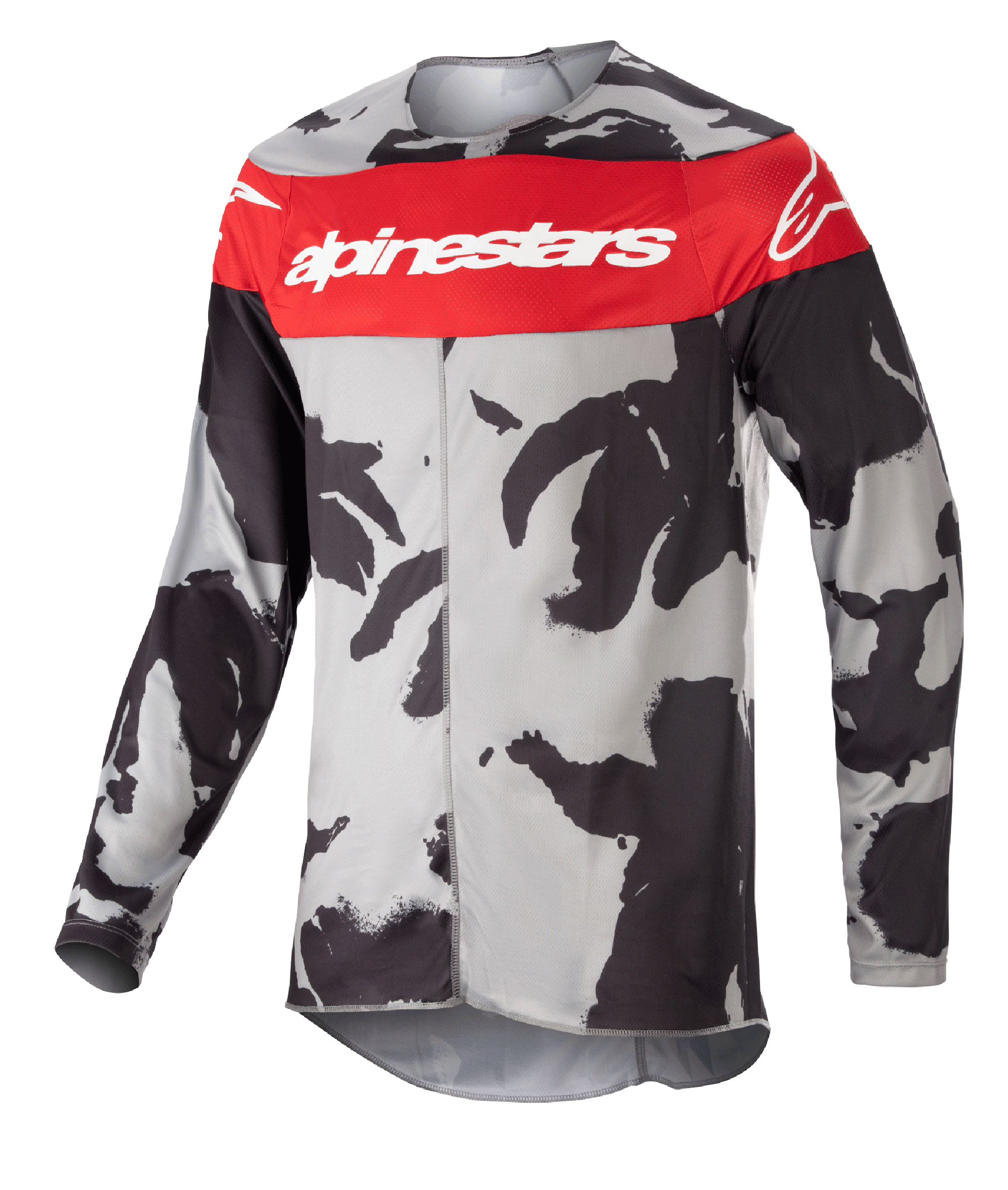 Alpinestars 2023 Racer Tactical Jersey, motocrosströja, Cast Gray Camo och Mars Red, framträdande röd bröstrand med vit Alpinestars-logotyp, svart och grått kamouflagemönster, långärmat tekniskt plagg för terrängkörning