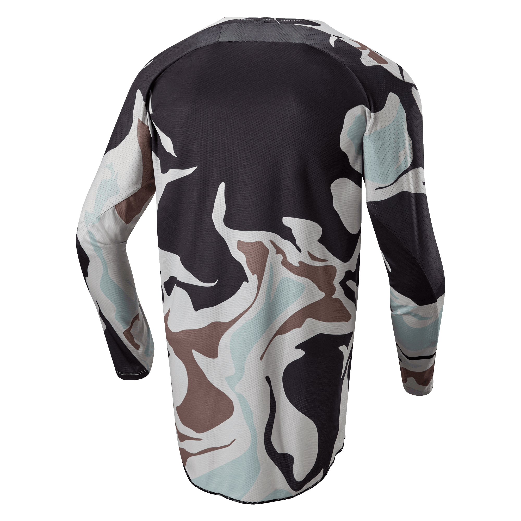 Alpinestars 2024 Racer Tactical-tröja, Iron Camo Dust Gray, baksida av långärmad motocrosströja med kamouflagemönster i grått, svart, ljusblått och tan, förlängd bakre fåll för ökad täckning.