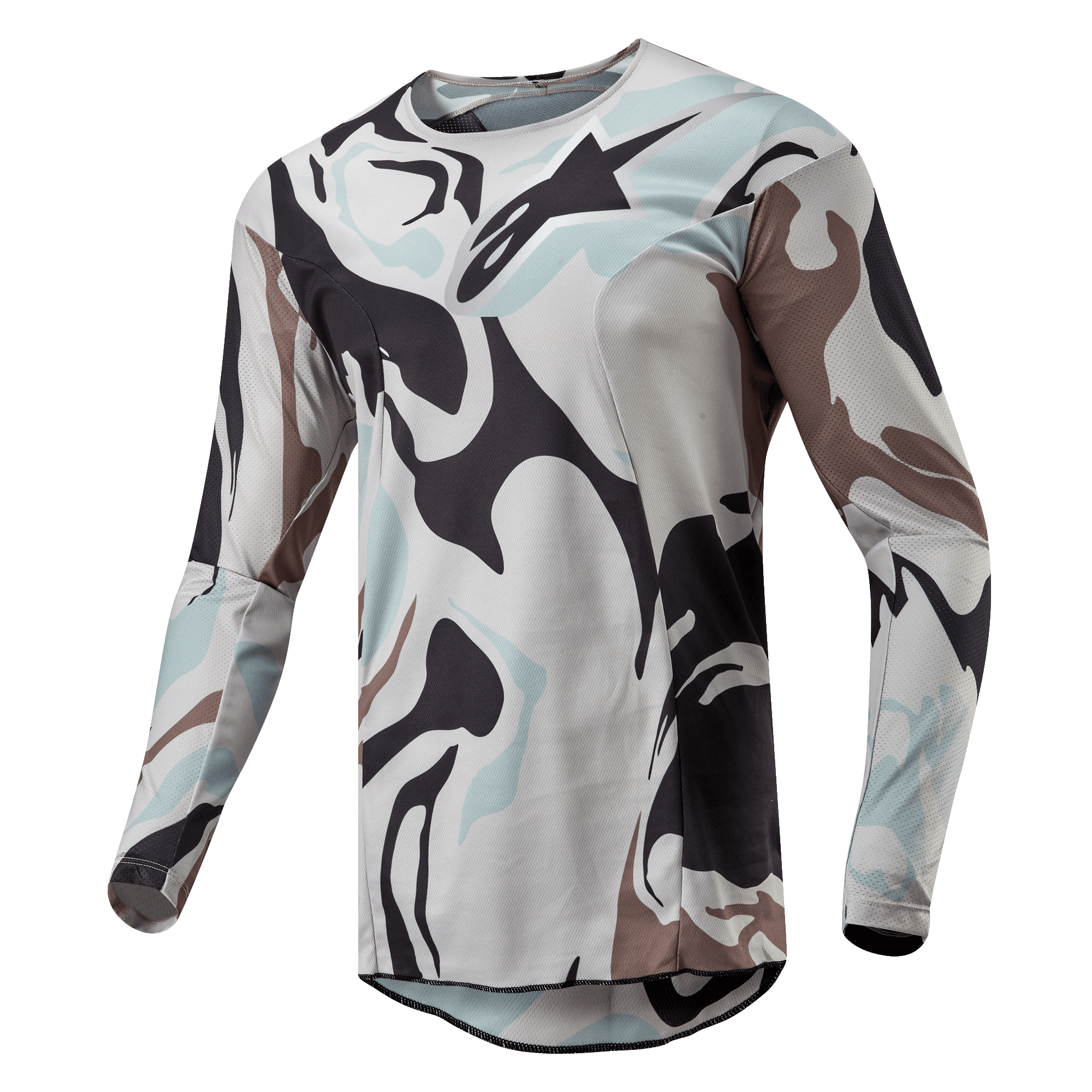 Alpinestars 2024 Racer Tactical tröja, motocrosströja, Iron Camo Dust Gray, med ett djärvt kamouflagemönster i ljusgrå, mörkgrå och blekblå toner, lätt poly-tygkonstruktion med ventilerande meshinsatser, ergonomisk sportpassform.