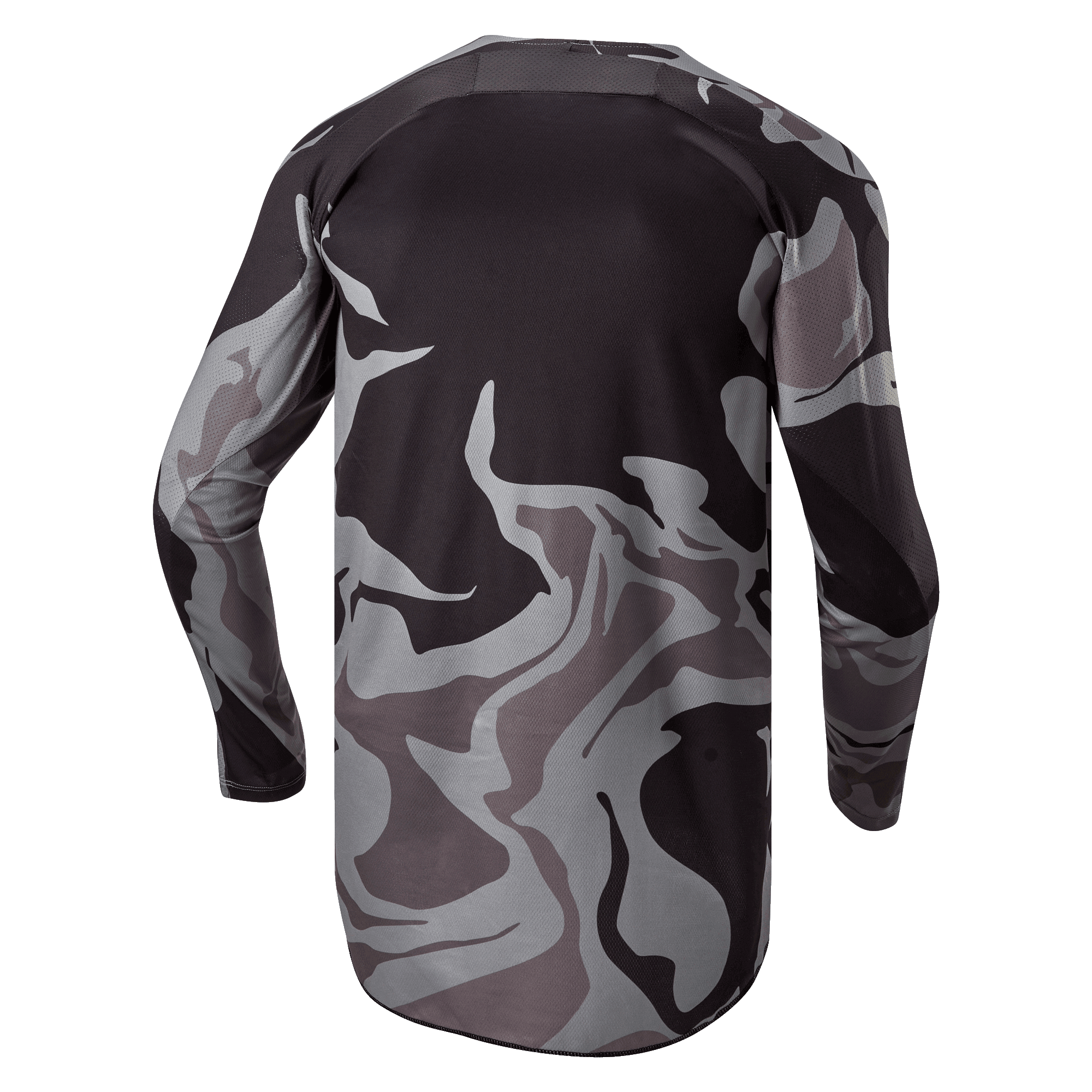 Alpinestars 2024 Racer Tactical tröja, motocrosströja, Cast Gray Camo Magnet, baksida som visar grått och svart kamouflagemönster, andningsbart material och förlängt bakstycke för bättre täckning