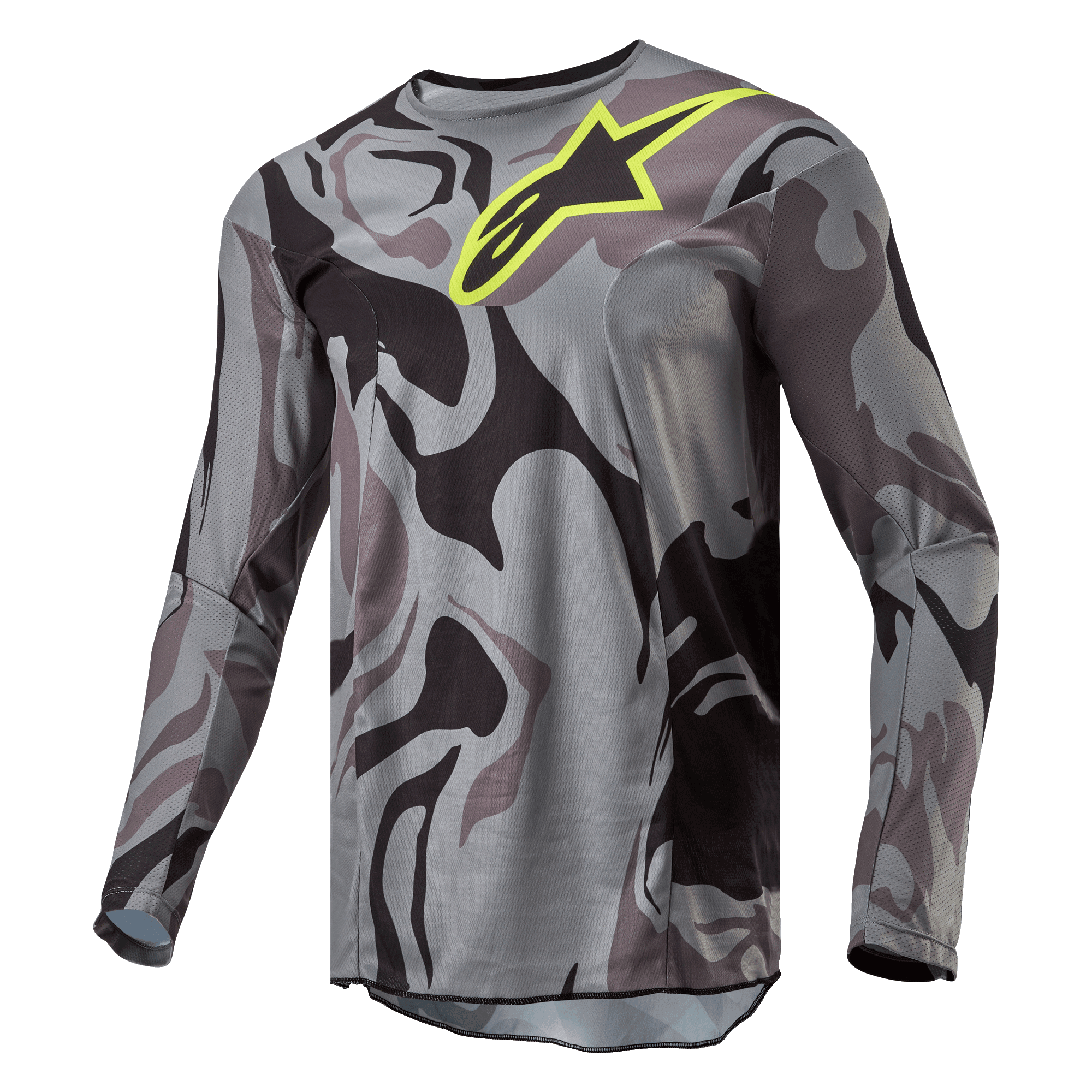 Alpinestars 2024 Racer Tactical-tröja, motocross-tröja, Cast Gray Camo Magnet, grått och svart kamouflagemönster med en klar gul Alpinestars-logotyp på bröstet, långa ärmar, högpresterande utrustning för terrängkörning