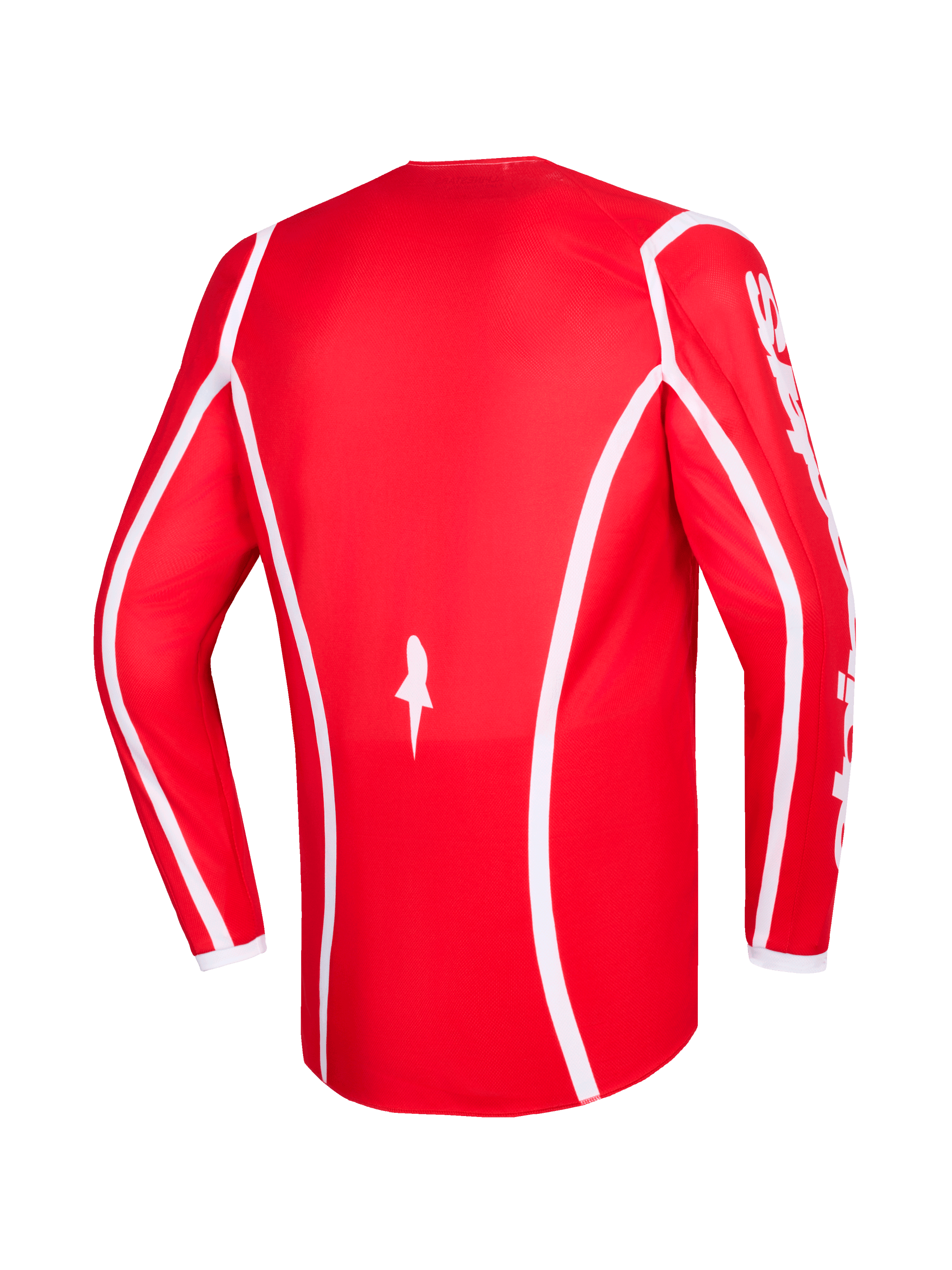 Alpinestars 2026 Fluid Apex Jersey, röd och vit, baksida av långärmad motocrosströja med vita böjda accentlinjer, stjärnlogotyp längst ner och vit Alpinestars-text på ärmarna, designad för offroadkörning