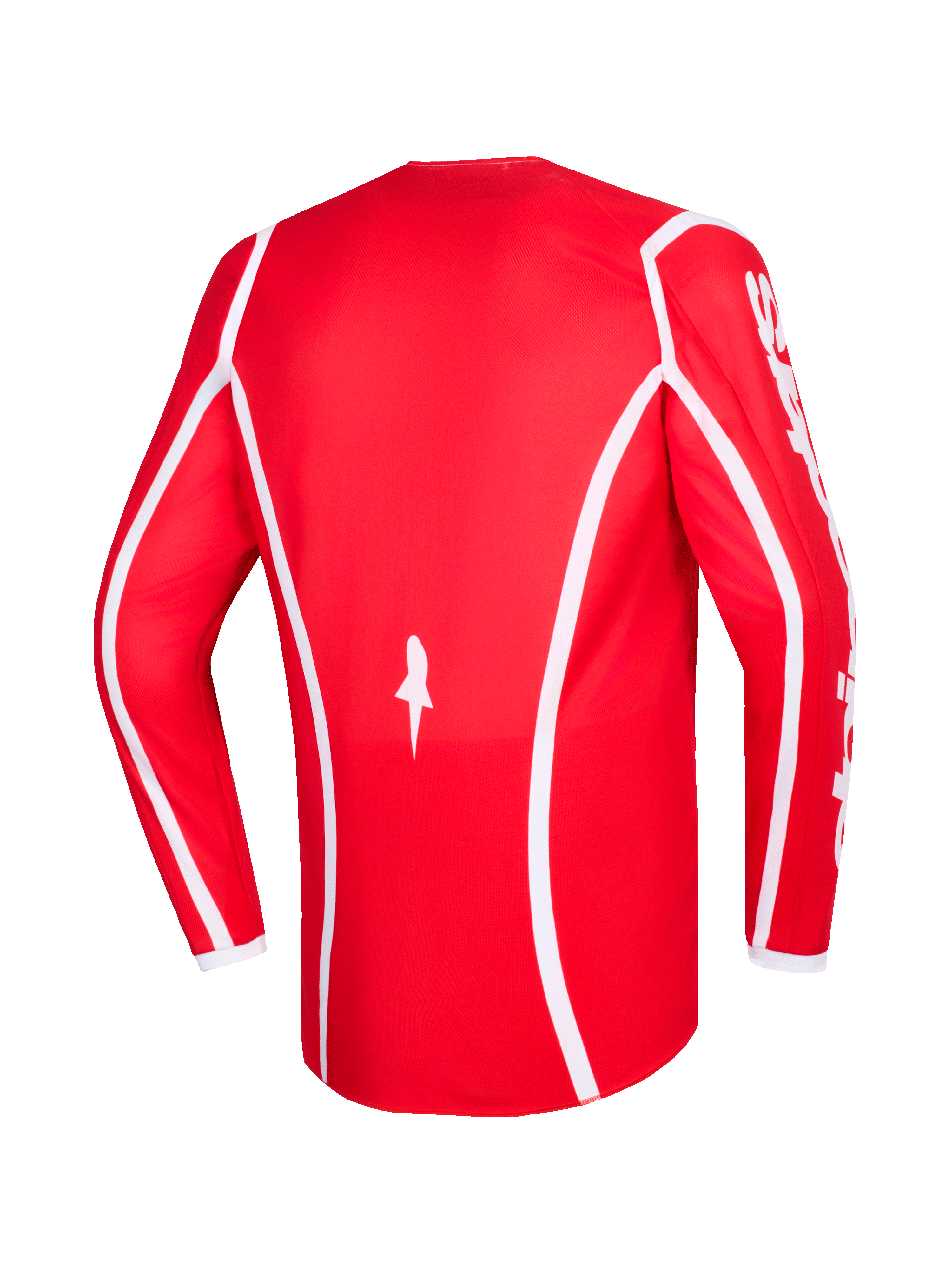 Alpinestars 2026 Fluid Apex Jersey, Red and White, back view of long-sleeve motocross jersey with white curved accent lines, star logo at the bottom, and white Alpinestars text on sleeves, designed for off-road racing