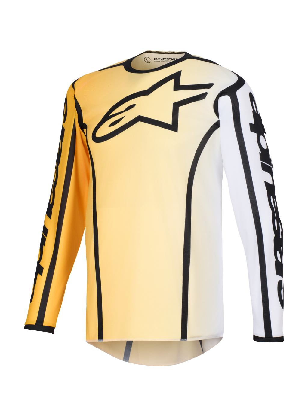 Alpinestars 2026 Fluid Apex-tröja, motocrosströja, gul och vit färgtoning med svarta detaljer, med en stor svart stjärnlogotyp på bröstet, tydliga svarta konturer längs sömmarna och Alpinestars-logotyp på ärmarna, långärmad teknisk tröja för terrängkörning.