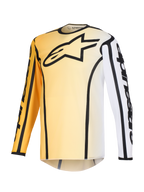 Alpinestars 2026 Fluid Apex-tröja, motocrosströja, gul och vit färgtoning med svarta detaljer, med en stor svart stjärnlogotyp på bröstet, tydliga svarta konturer längs sömmarna och Alpinestars-logotyp på ärmarna, långärmad teknisk tröja för terrängkörning.