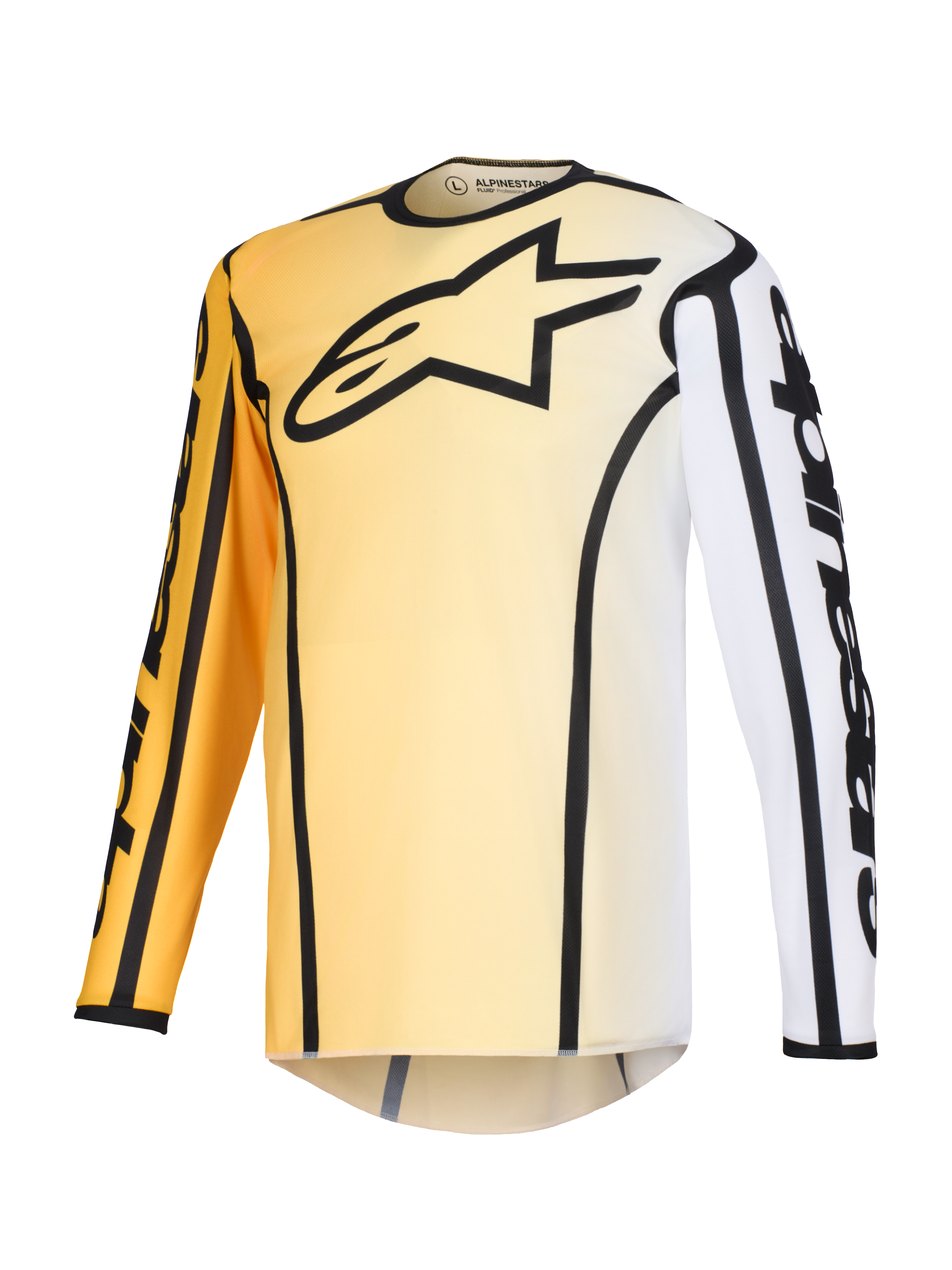 Alpinestars 2026 Fluid Apex-tröja, motocrosströja, gul och vit färgtoning med svarta detaljer, med en stor svart stjärnlogotyp på bröstet, tydliga svarta konturer längs sömmarna och Alpinestars-logotyp på ärmarna, långärmad teknisk tröja för terrängkörning.