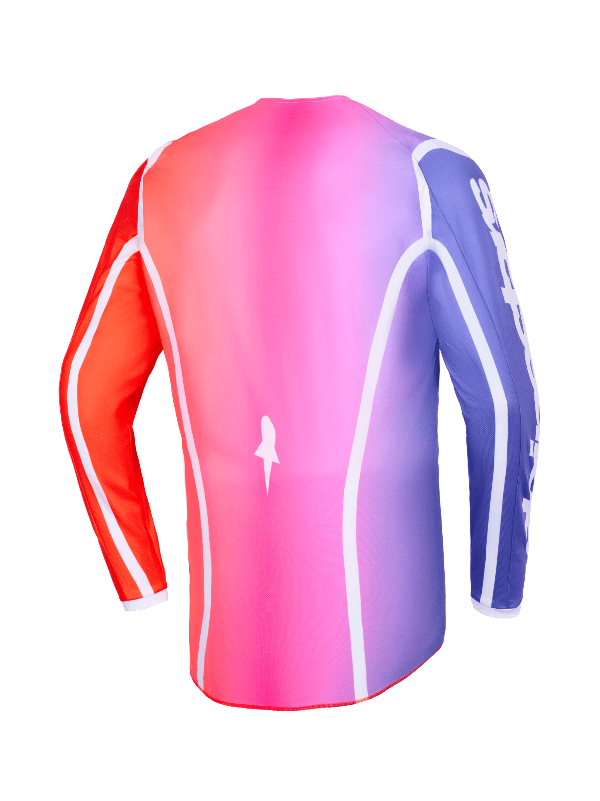 Alpinestars 2026 Fluid Apex tröja, baksida, flerfärgad gradient i rosa, lila och orange, vita böjda passpoaler och förlängt ryggparti, professionell motocross- och offroadutrustning