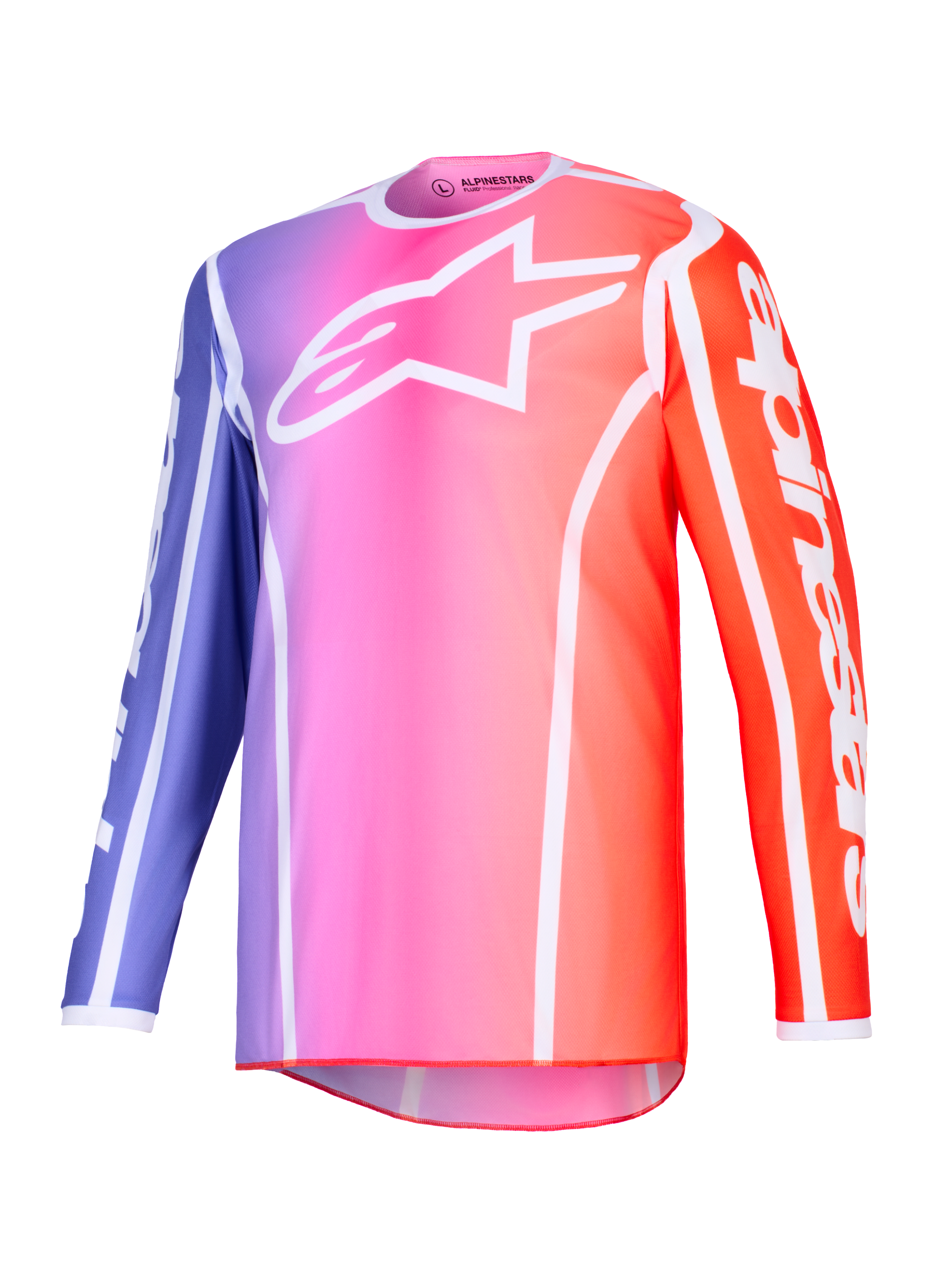 Alpinestars 2026 Fluid Apex-tröja, motocrosströja, lila, rosa och orange färgtoning med vita detaljer, vit Astars-logotyp på bröstet och logotyper på ärmarna, lättviktigt högpresterande polytyg för terrängkörning