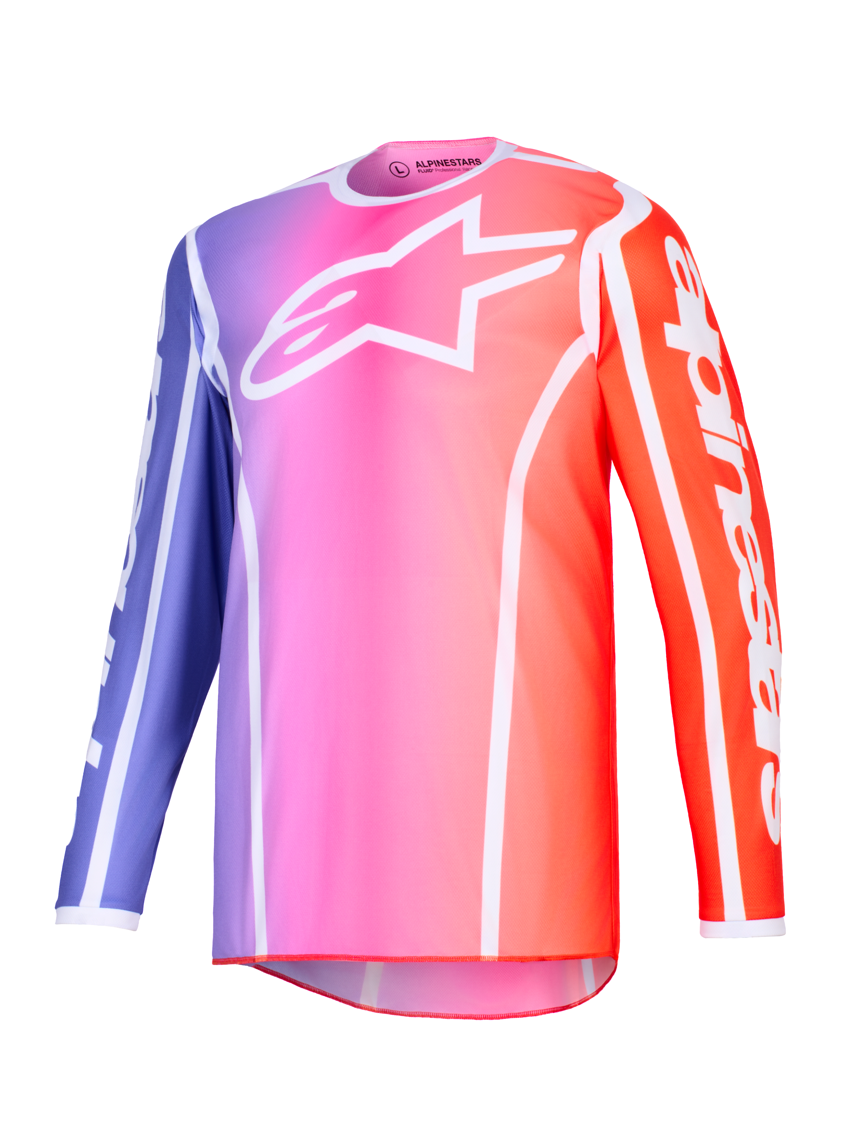 Alpinestars 2026 Fluid Apex-tröja, motocrosströja, lila, rosa och orange färgtoning med vita detaljer, vit Astars-logotyp på bröstet och logotyper på ärmarna, lättviktigt högpresterande polytyg för terrängkörning