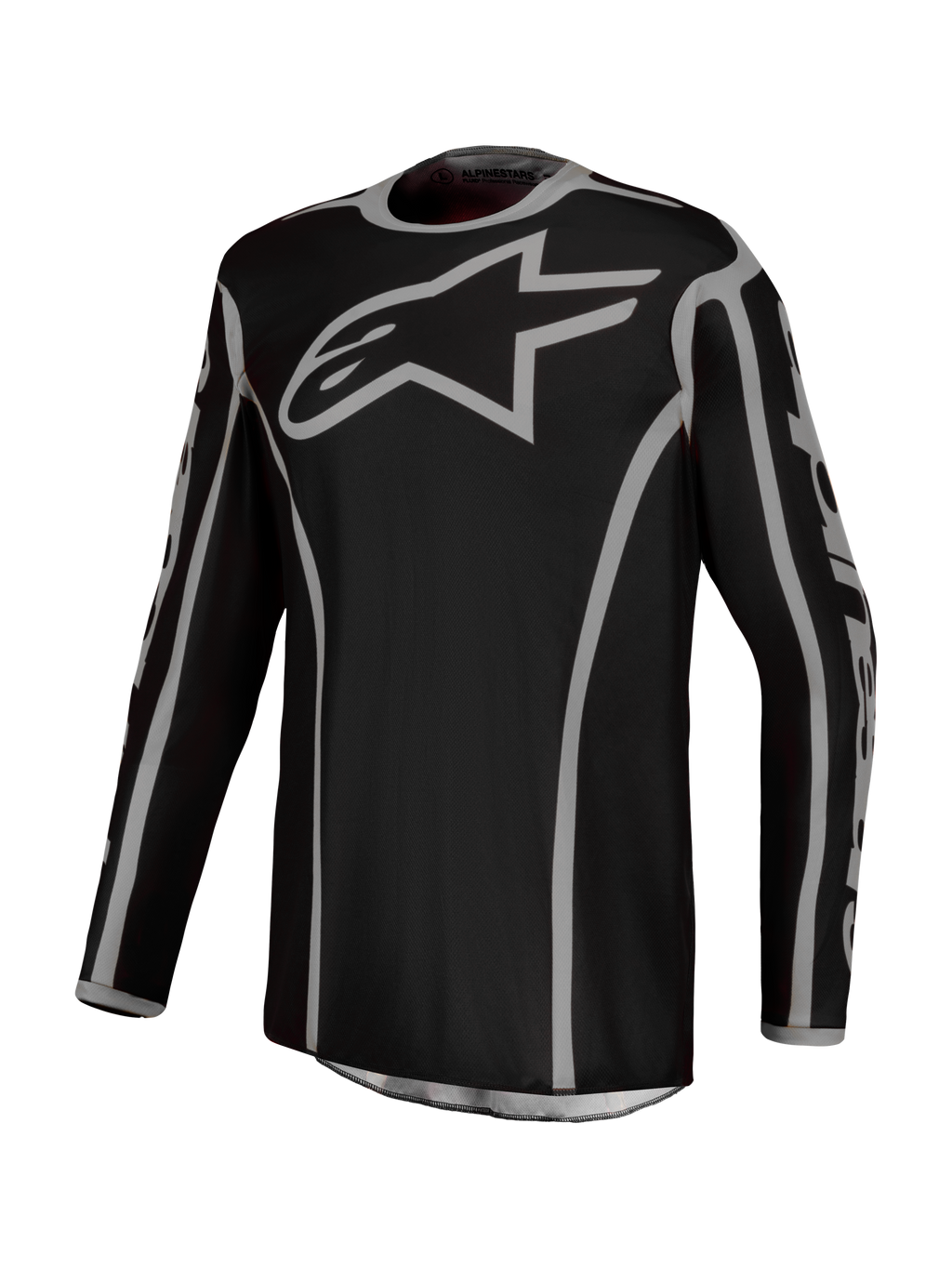 Alpinestars Fluid Apex V2 tröja, herrmotocrosströja i svart och silver, andningsbart polytyg för terrängkörning.