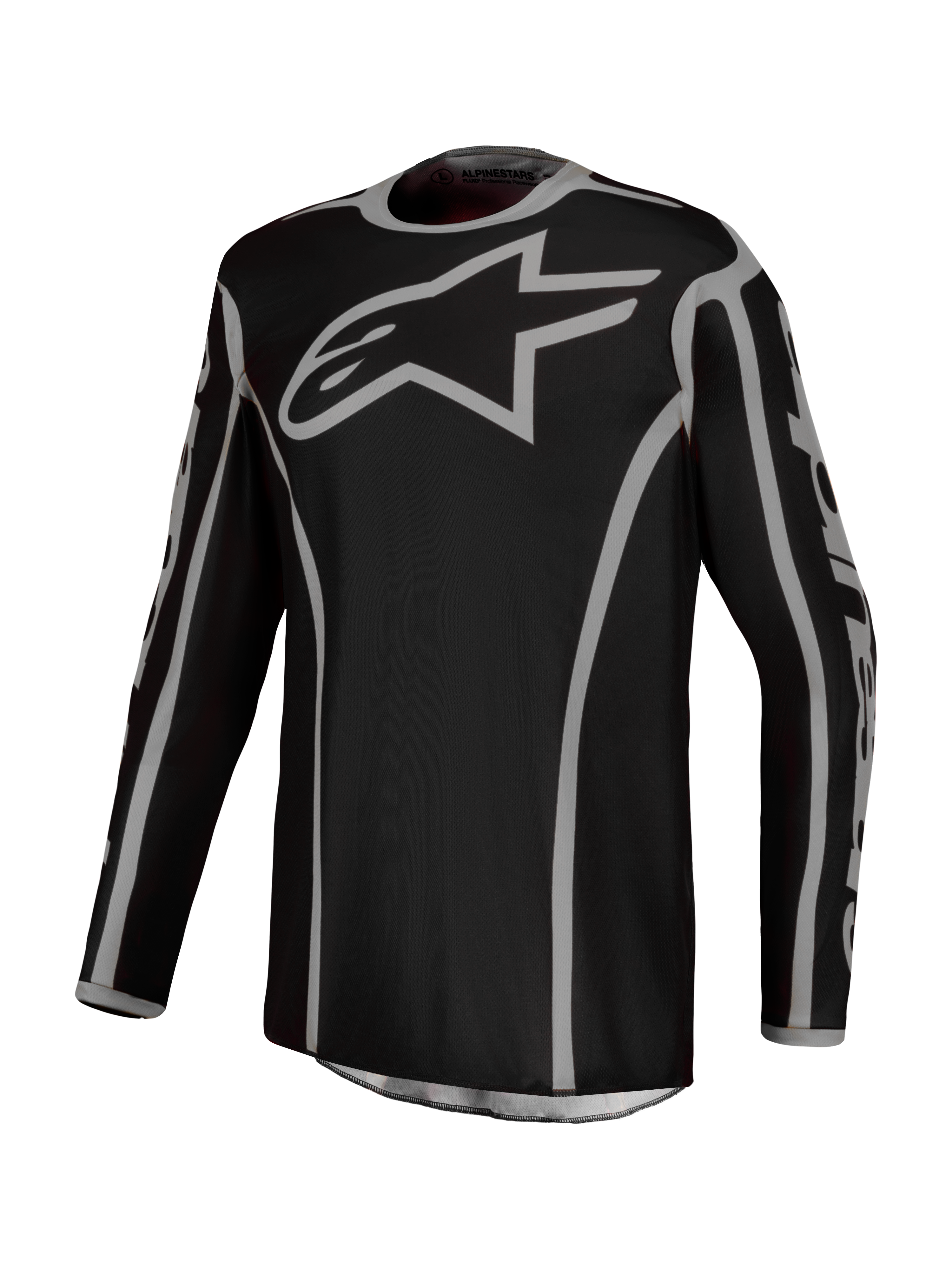 Alpinestars Fluid Apex V2 tröja, herrmotocrosströja i svart och silver, andningsbart polytyg för terrängkörning.