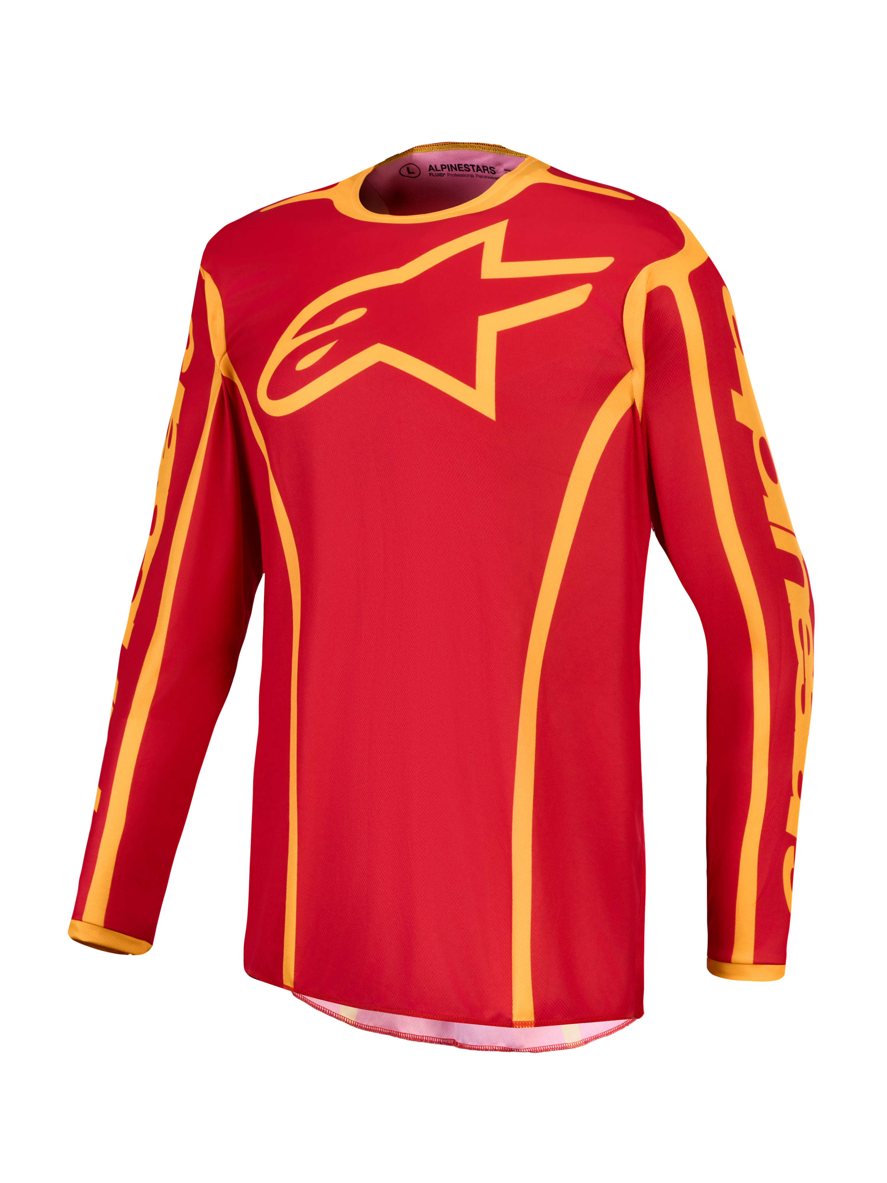 Alpinestars Fluid Apex V2 Jersey, Men's Motocross Jersey, Fire Red and Gold, moisture-wicking polyfabric with a relaxed sport fit.