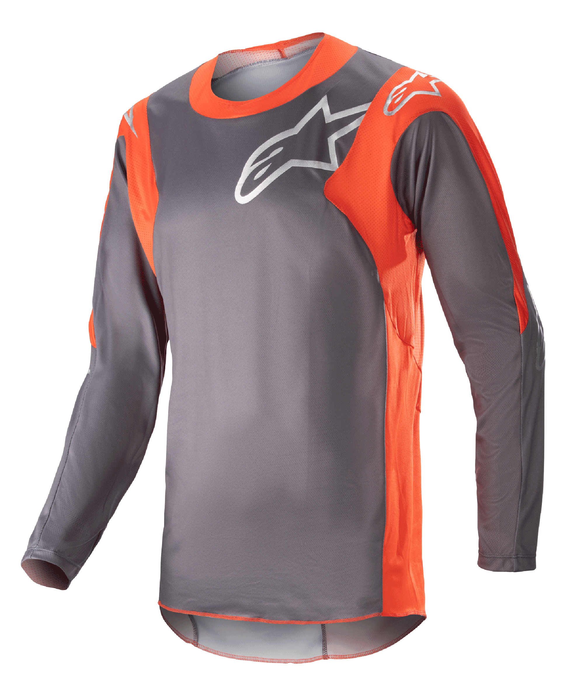 Alpinestars 2023 Racer Hoen tröja, långärmad motocrosströja, magnetgrå och orange, vit Alpinestars-logotyp på bröstet och axlarna, lättviktsmaterial för terrängkörning