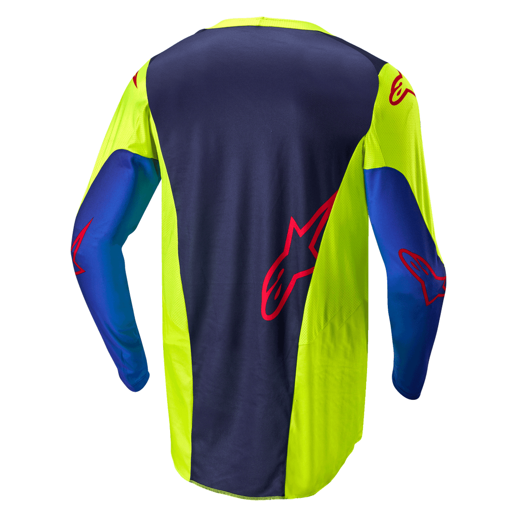 Alpinestars 2024 Racer Hoen-tröja, motocrosströja, Yellow Fluo och Blue Night Navy, sedd bakifrån visar mörkblå centralpanel med röd logotyp, neongula sidosektioner, långa ärmar och ventilerande meshmaterial designat för terrängkörning.