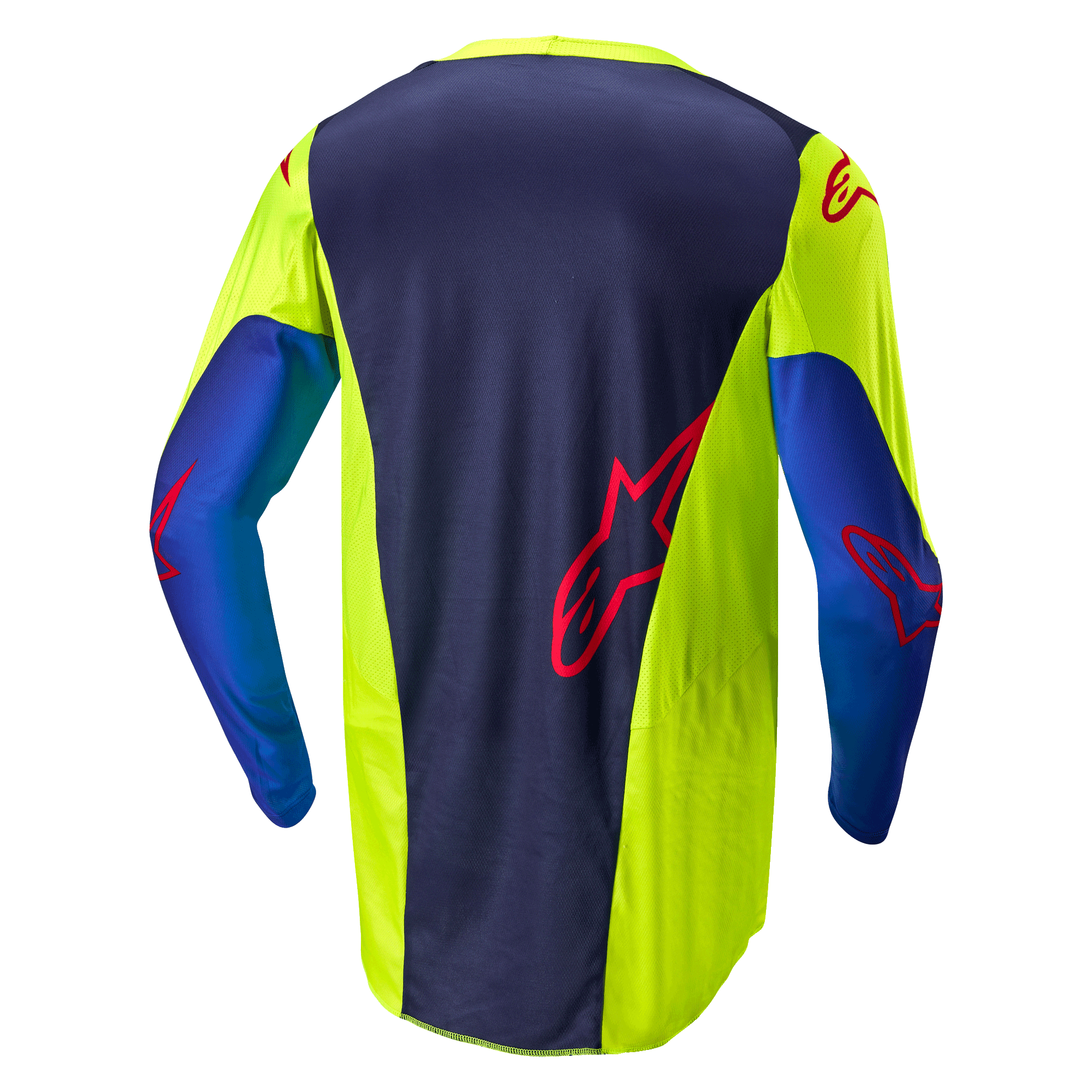 Alpinestars 2024 Racer Hoen-tröja, motocrosströja, Yellow Fluo och Blue Night Navy, sedd bakifrån visar mörkblå centralpanel med röd logotyp, neongula sidosektioner, långa ärmar och ventilerande meshmaterial designat för terrängkörning.
