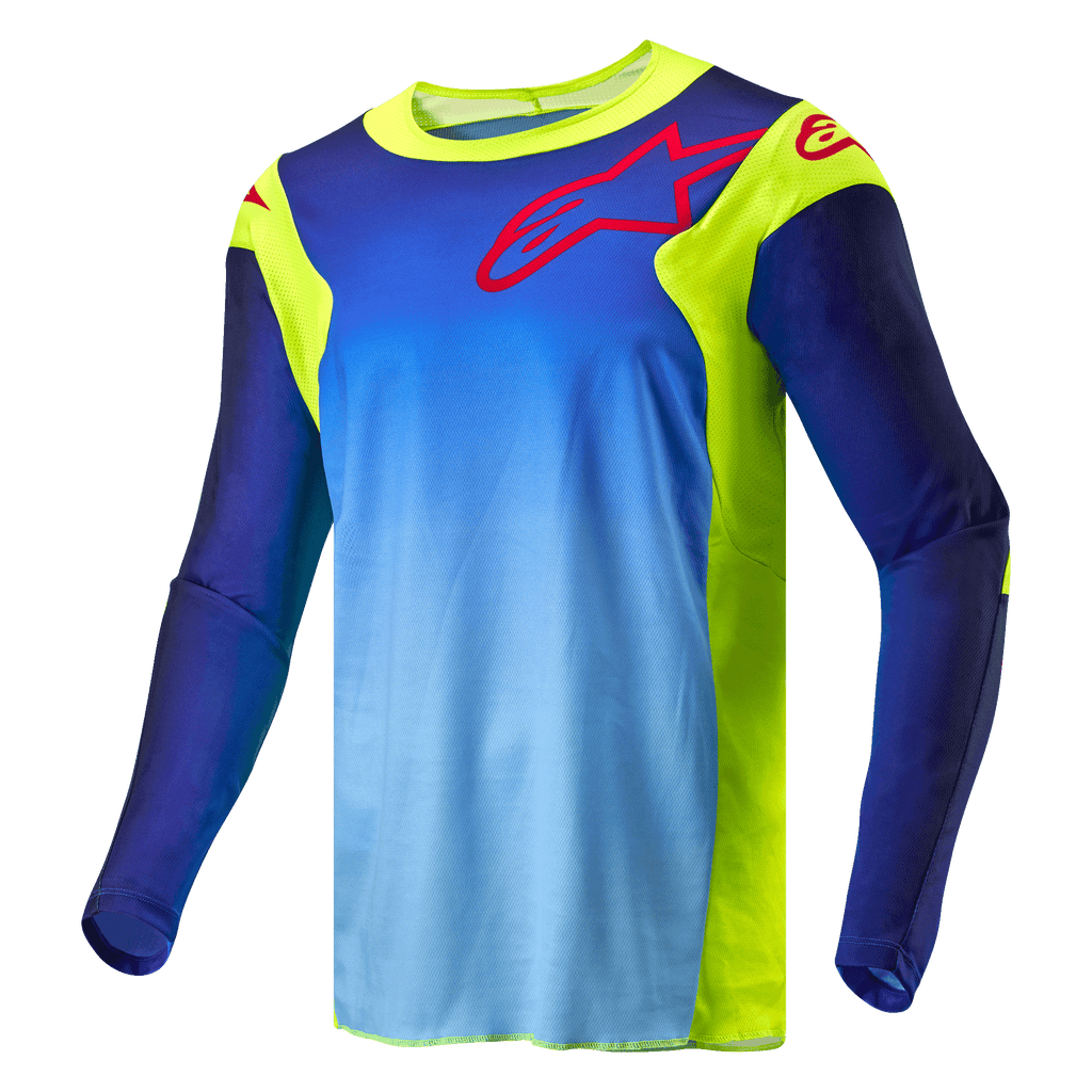 Alpinestars 2024 Racer Hoen Jersey, motocrosströja, neon gul och mörkblå, med blå tonad kropp och fluorescerande gula paneler, röd Alpinestars-logotyp på bröstet och axlarna, långärmad teknisk utrustning för terrängkörning