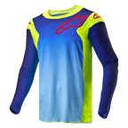 Alpinestars 2024 Racer Hoen Jersey, motocrosströja, neon gul och mörkblå, med blå tonad kropp och fluorescerande gula paneler, röd Alpinestars-logotyp på bröstet och axlarna, långärmad teknisk utrustning för terrängkörning