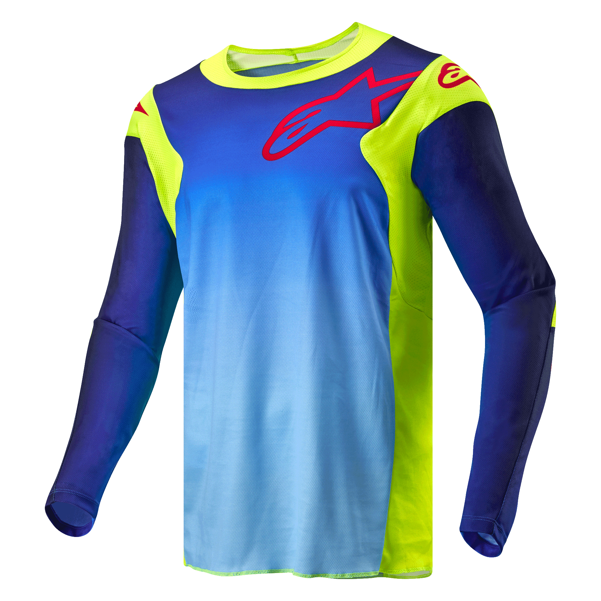 Alpinestars 2024 Racer Hoen Jersey, motocrosströja, neon gul och mörkblå, med blå tonad kropp och fluorescerande gula paneler, röd Alpinestars-logotyp på bröstet och axlarna, långärmad teknisk utrustning för terrängkörning
